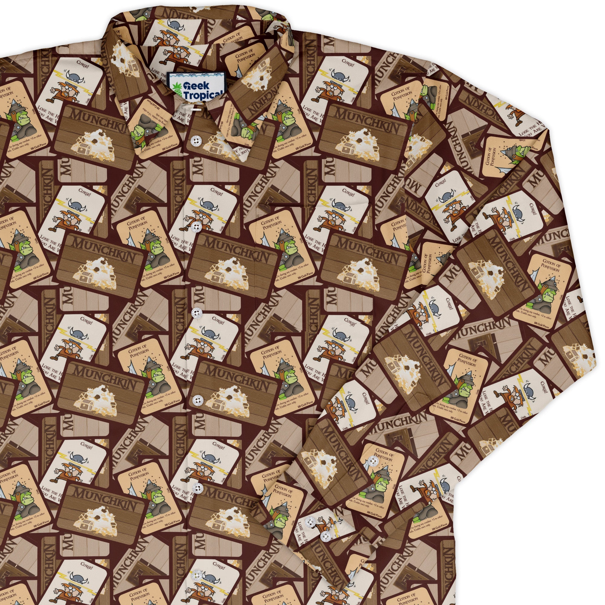 Munchkin Card Collage Long Sleeve Button Up Shirt Geek Nerd board game print Design by Heather Davenport FLOW DESC WRITING