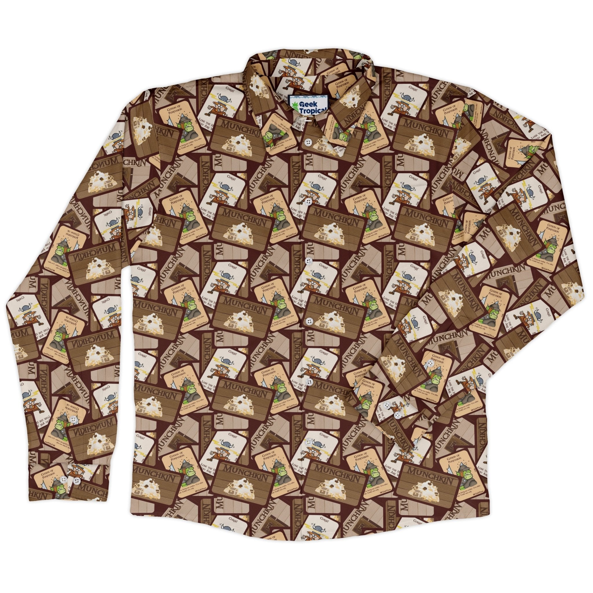 Munchkin Card Collage Long Sleeve Button Up Shirt Geek Nerd board game print Design by Heather Davenport FLOW DESC WRITING