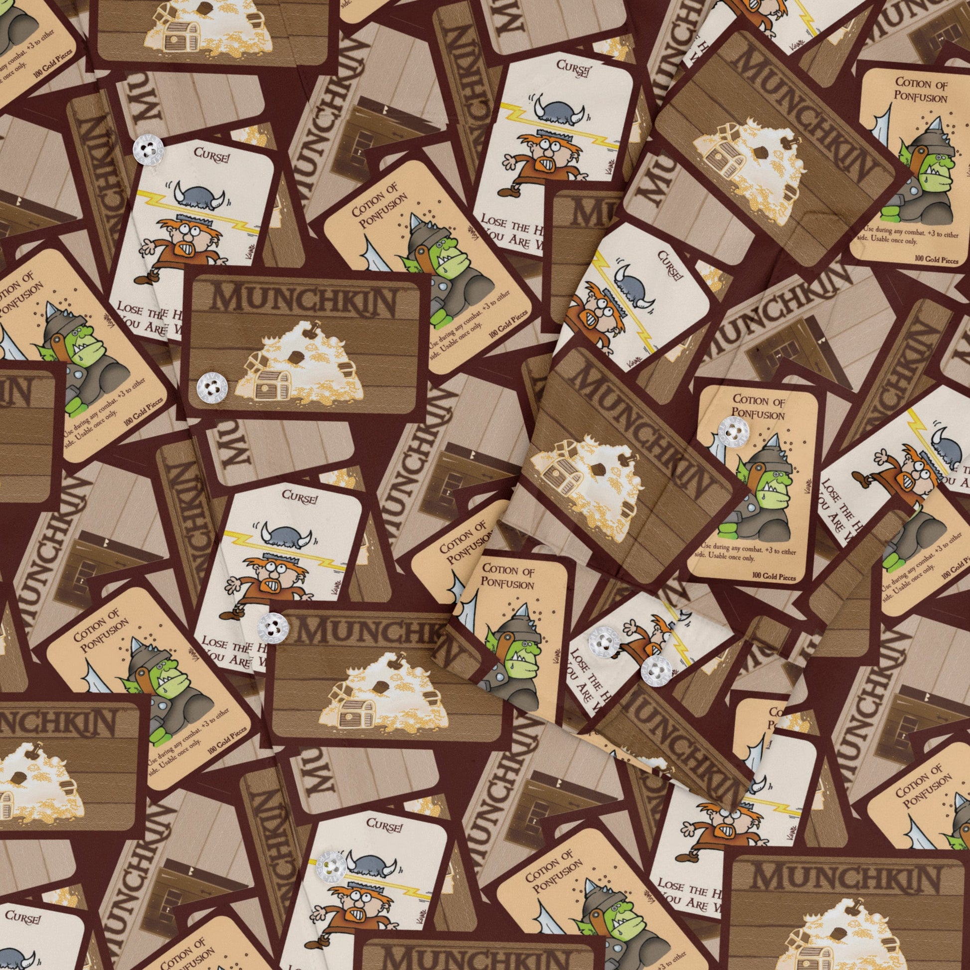 Munchkin Card Collage Long Sleeve Button Up Shirt Geek Nerd board game print Design by Heather Davenport FLOW DESC WRITING