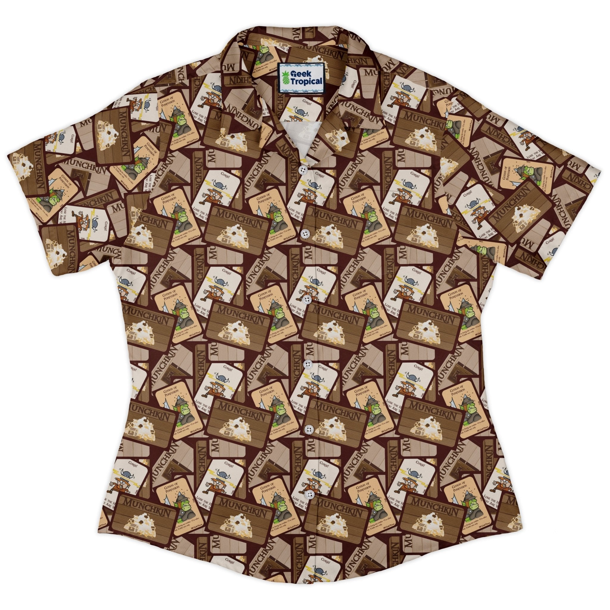 Munchkin Card Collage Curvy Button Up Shirt Geek Nerd women