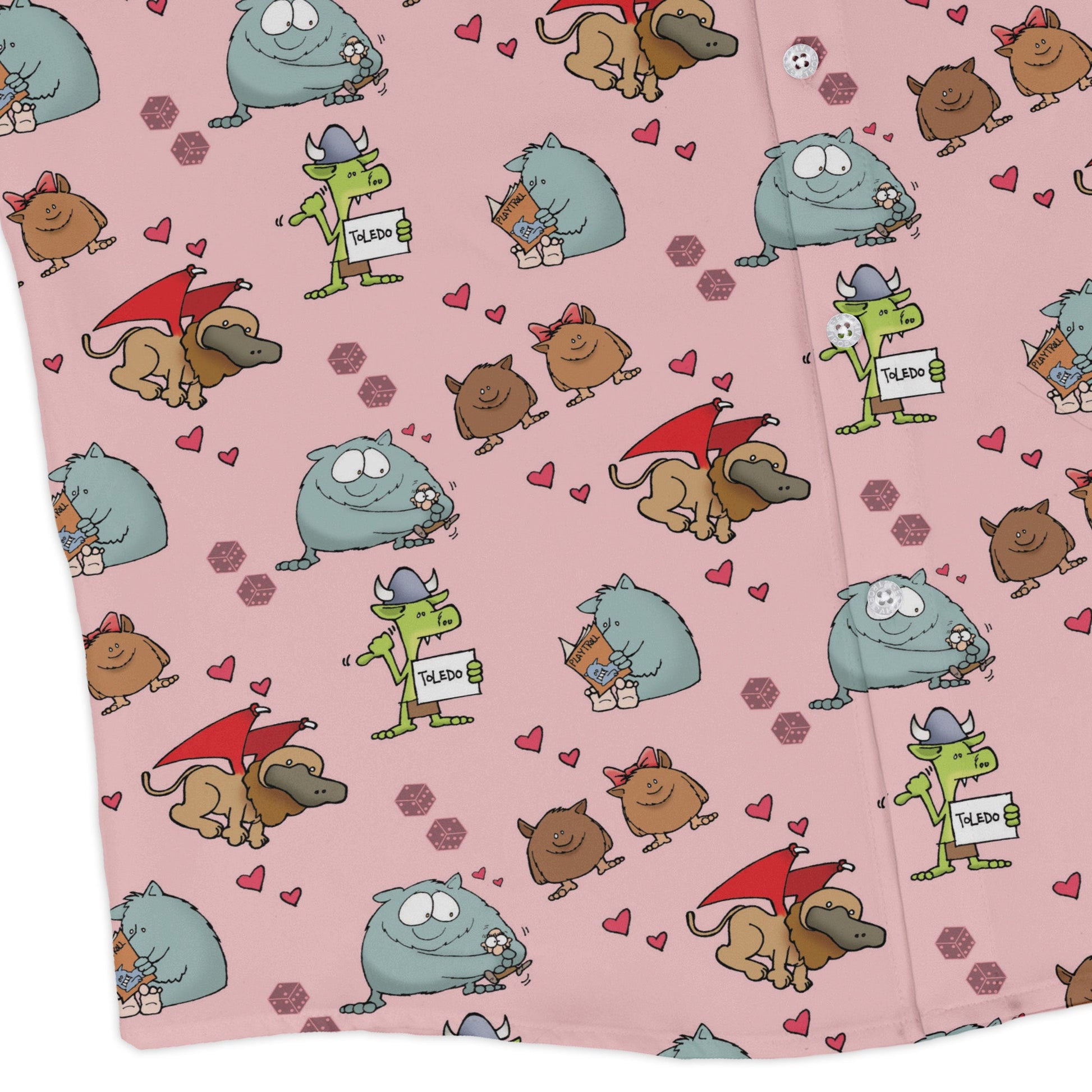 Munchkin Cuties Long Sleeve Button Up Shirt Geek Nerd board game print Design by Heather Davenport FLOW DESC WRITING