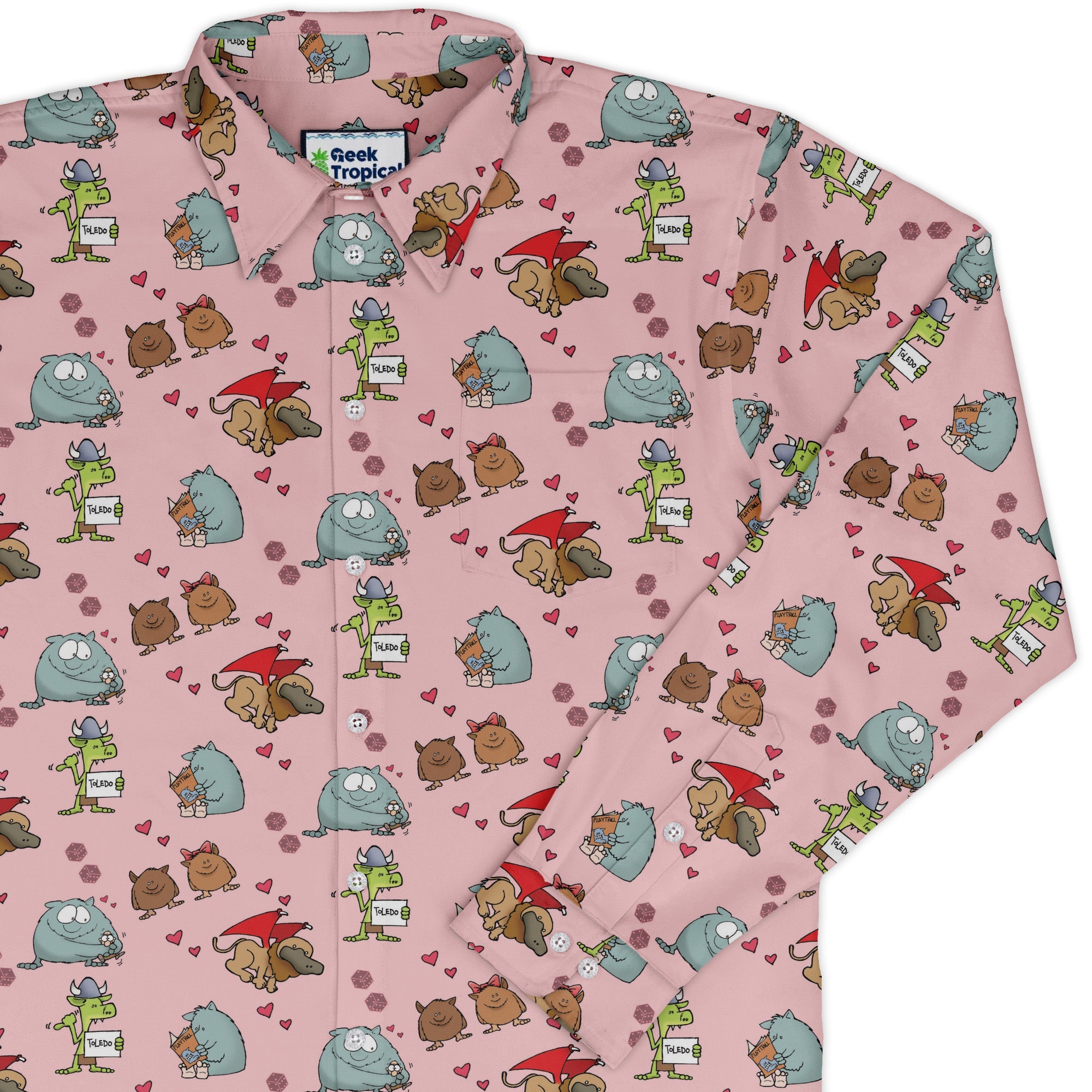 Munchkin Cuties Long Sleeve Button Up Shirt Geek Nerd board game print Design by Heather Davenport FLOW DESC WRITING