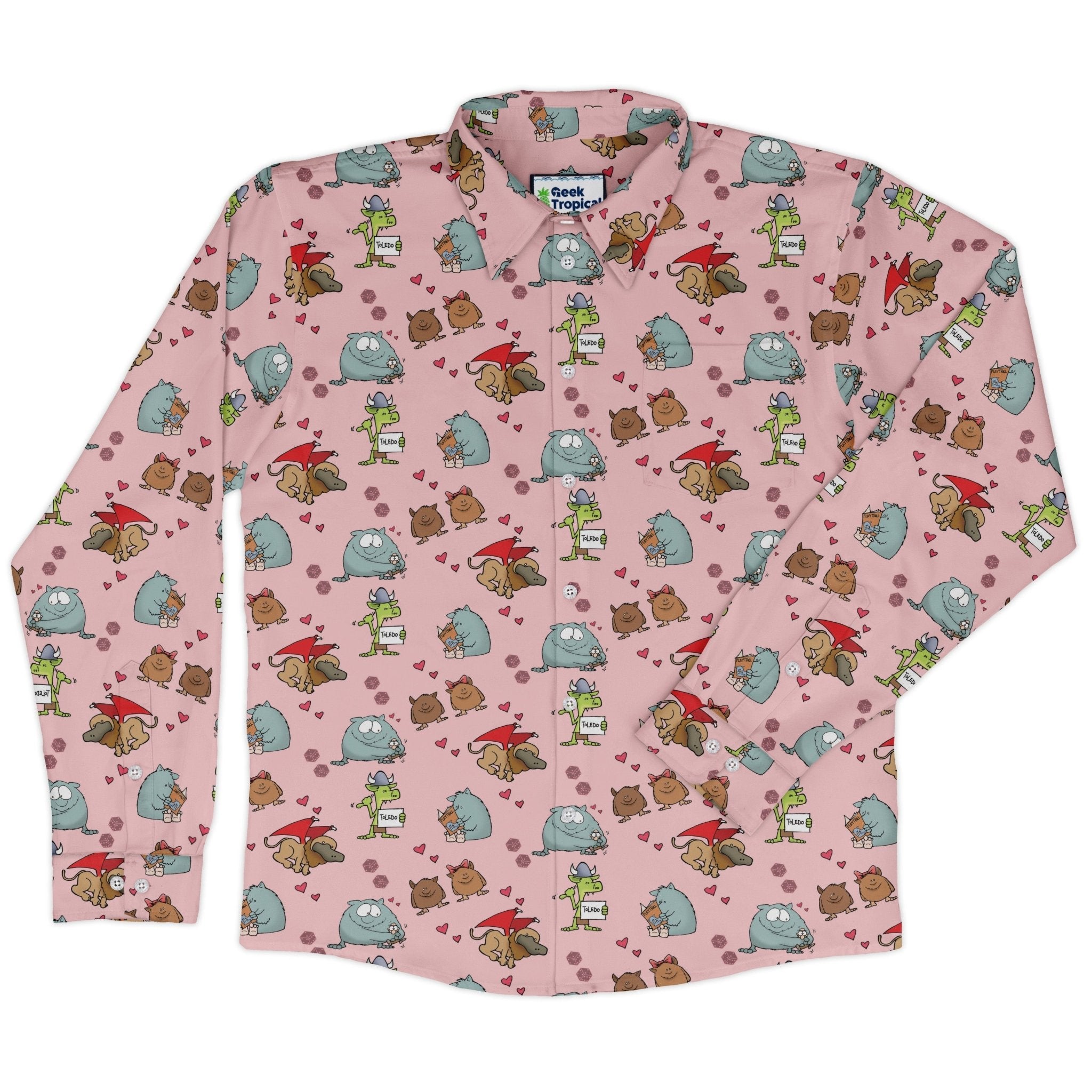 Munchkin Cuties Long Sleeve Button Up Shirt Geek Nerd board game print Design by Heather Davenport FLOW DESC WRITING