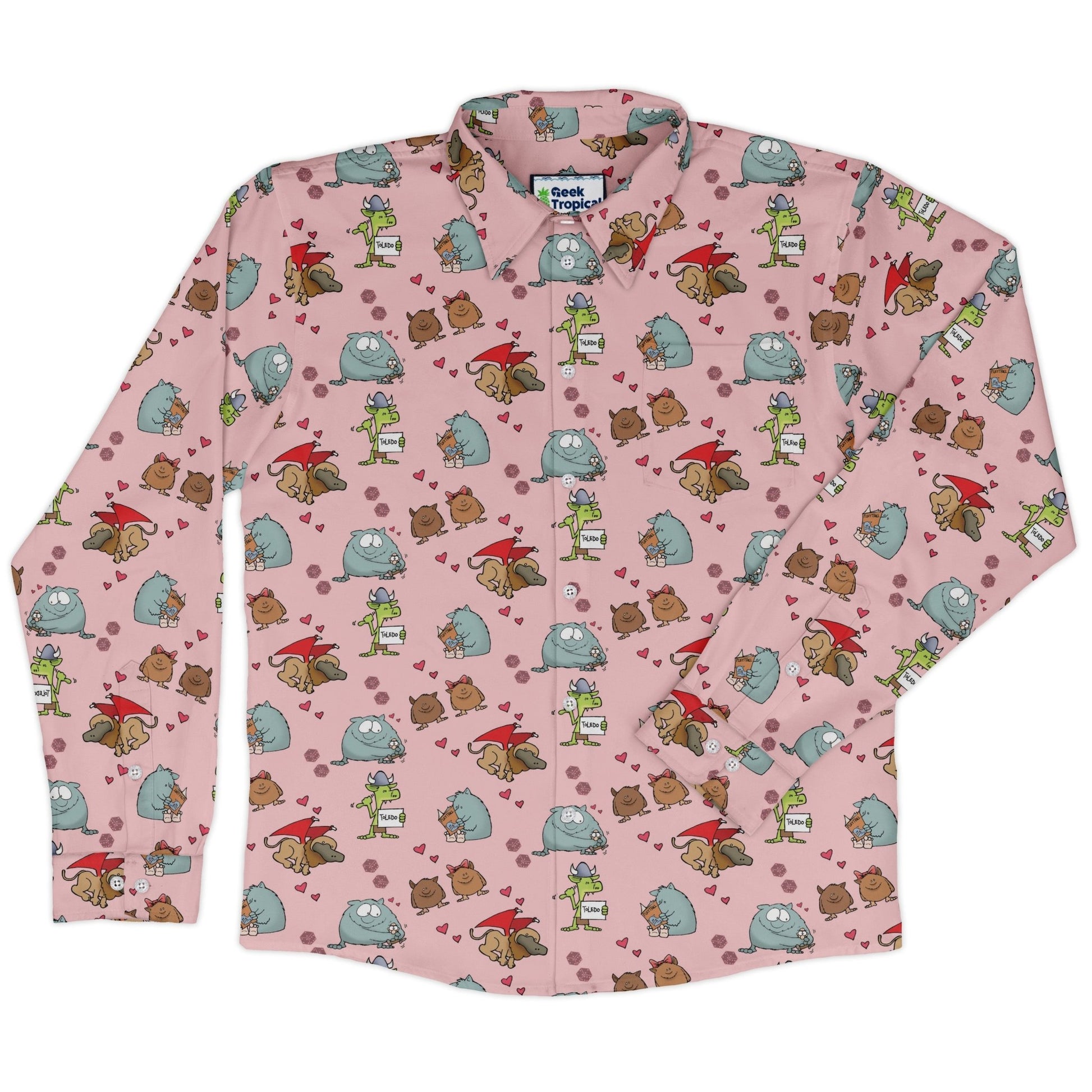 Munchkin Cuties Long Sleeve Button Up Shirt Geek Nerd board game print Design by Heather Davenport FLOW DESC WRITING