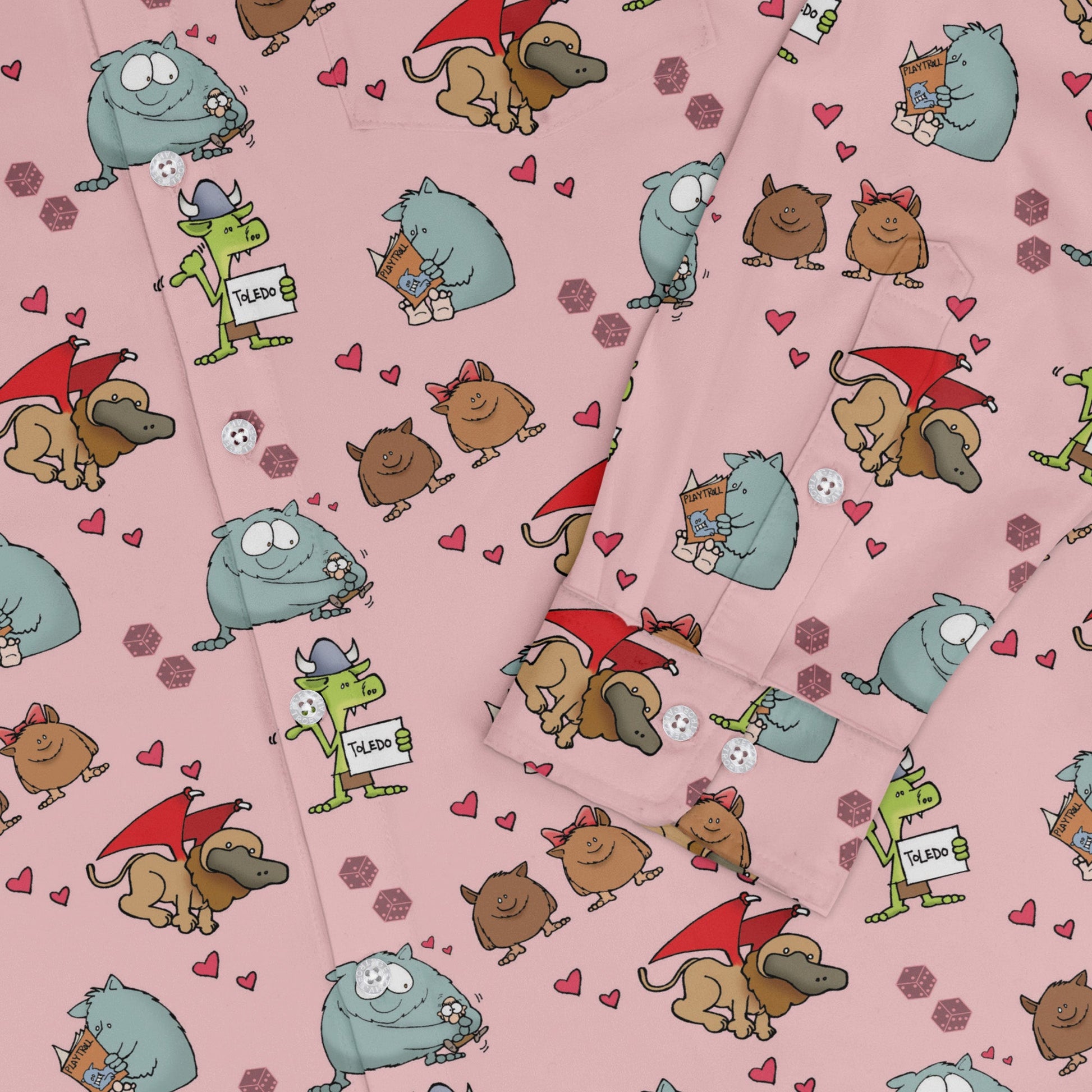 Munchkin Cuties Long Sleeve Button Up Shirt Geek Nerd board game print Design by Heather Davenport FLOW DESC WRITING