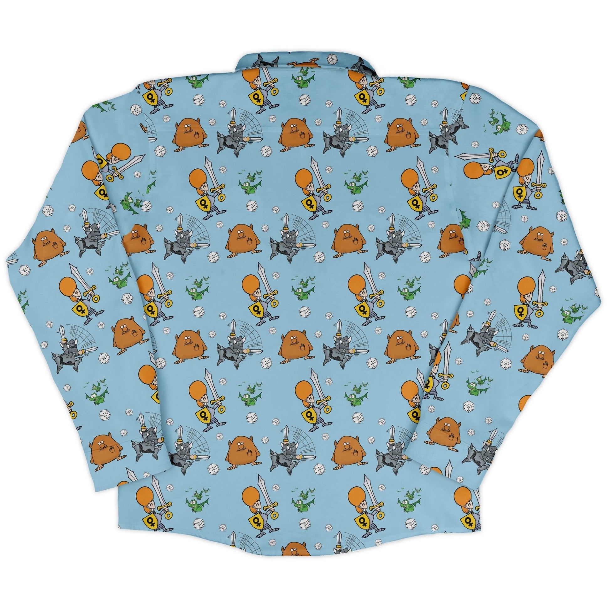 Munchkin Dicey Long Sleeve Button Up Shirt Geek Nerd board game print Design by Heather Davenport FLOW DESC WRITING