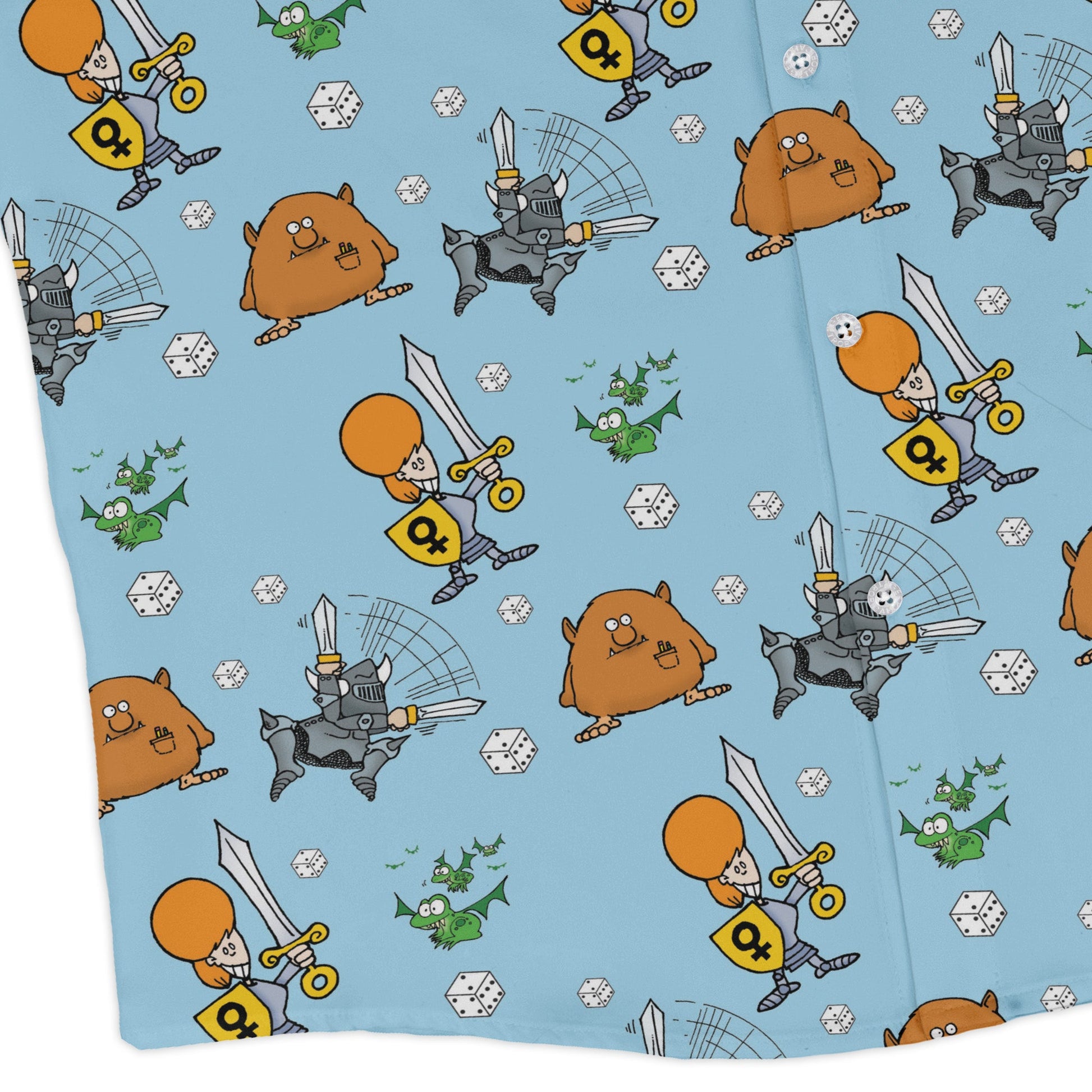 Munchkin Dicey Long Sleeve Button Up Shirt Geek Nerd board game print Design by Heather Davenport FLOW DESC WRITING