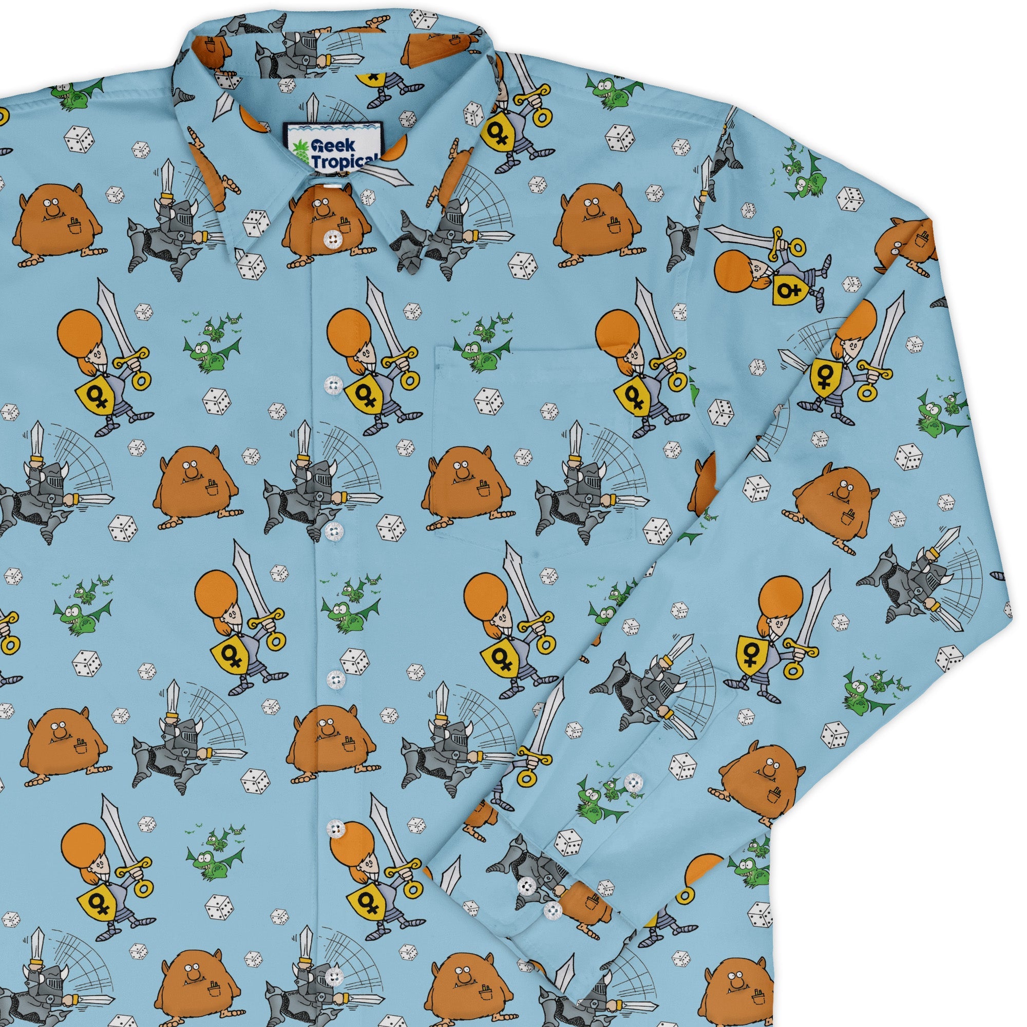 Munchkin Dicey Long Sleeve Button Up Shirt Geek Nerd board game print Design by Heather Davenport FLOW DESC WRITING