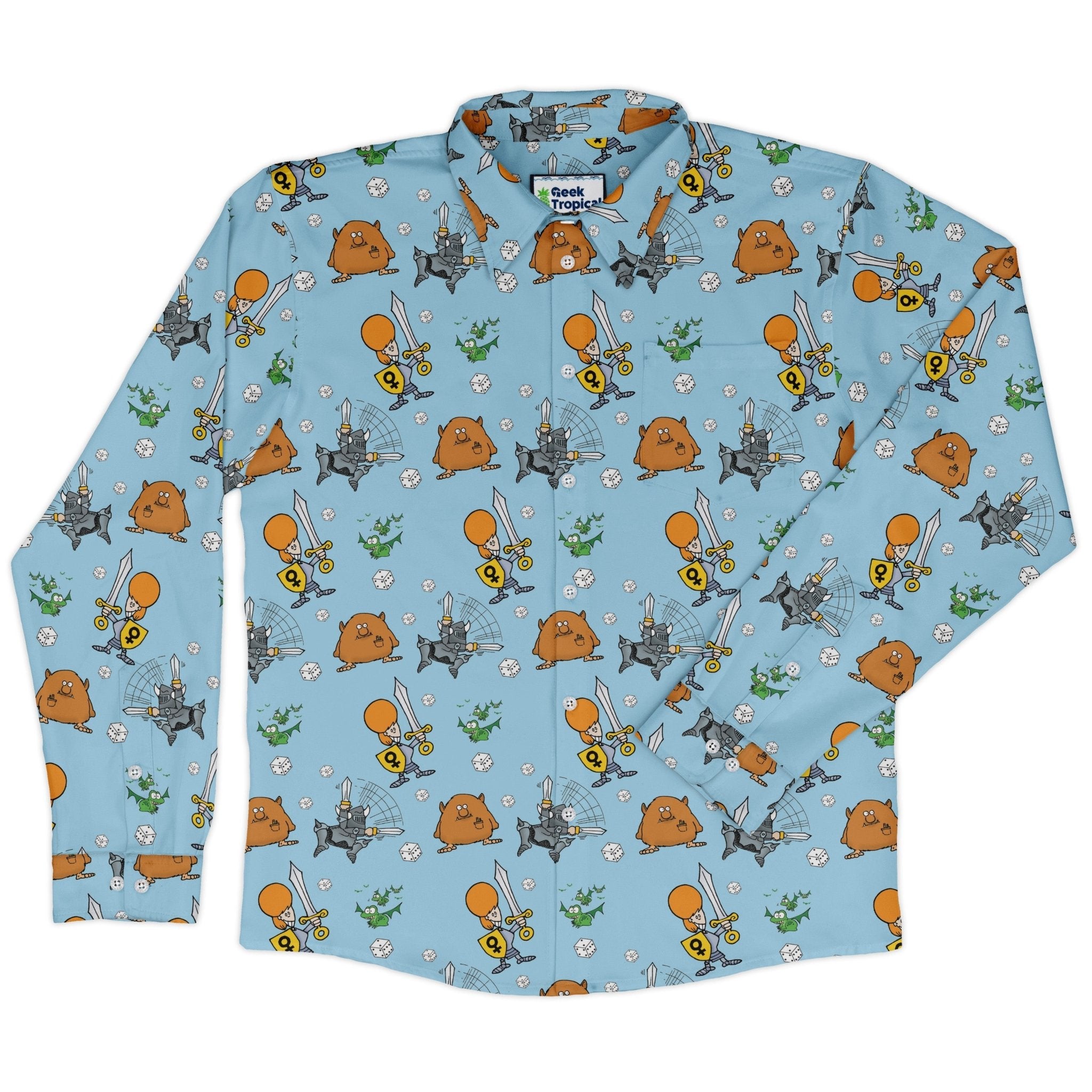 Munchkin Dicey Long Sleeve Button Up Shirt Geek Nerd board game print Design by Heather Davenport FLOW DESC WRITING