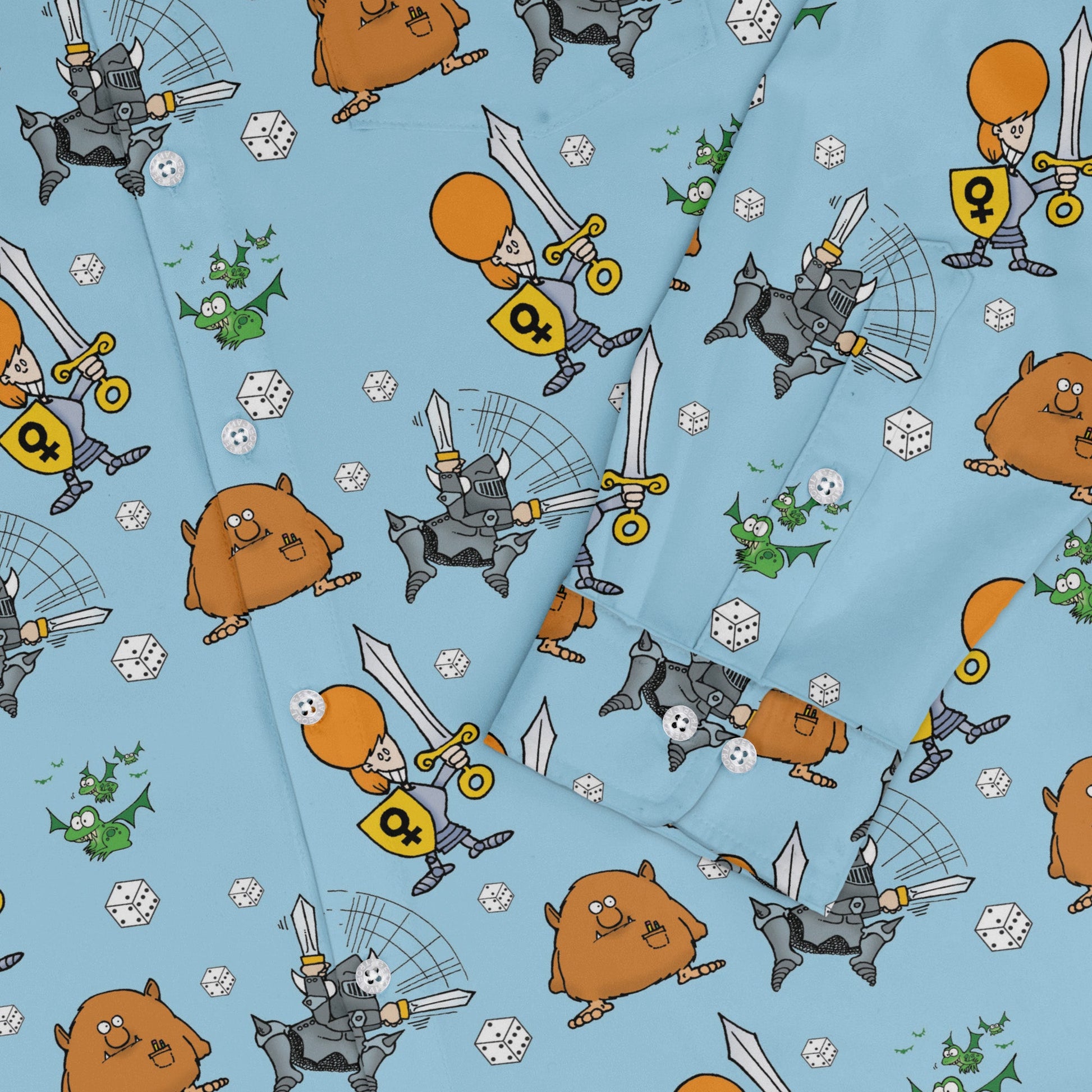 Munchkin Dicey Long Sleeve Button Up Shirt Geek Nerd board game print Design by Heather Davenport FLOW DESC WRITING