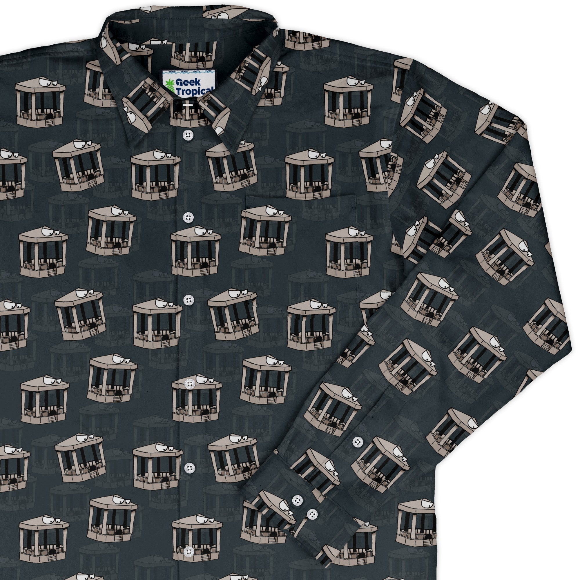 Munchkin Gazebos Long Sleeve Button Up Shirt Geek Nerd board game print Design by Dunking Toast FLOW DESC WRITING