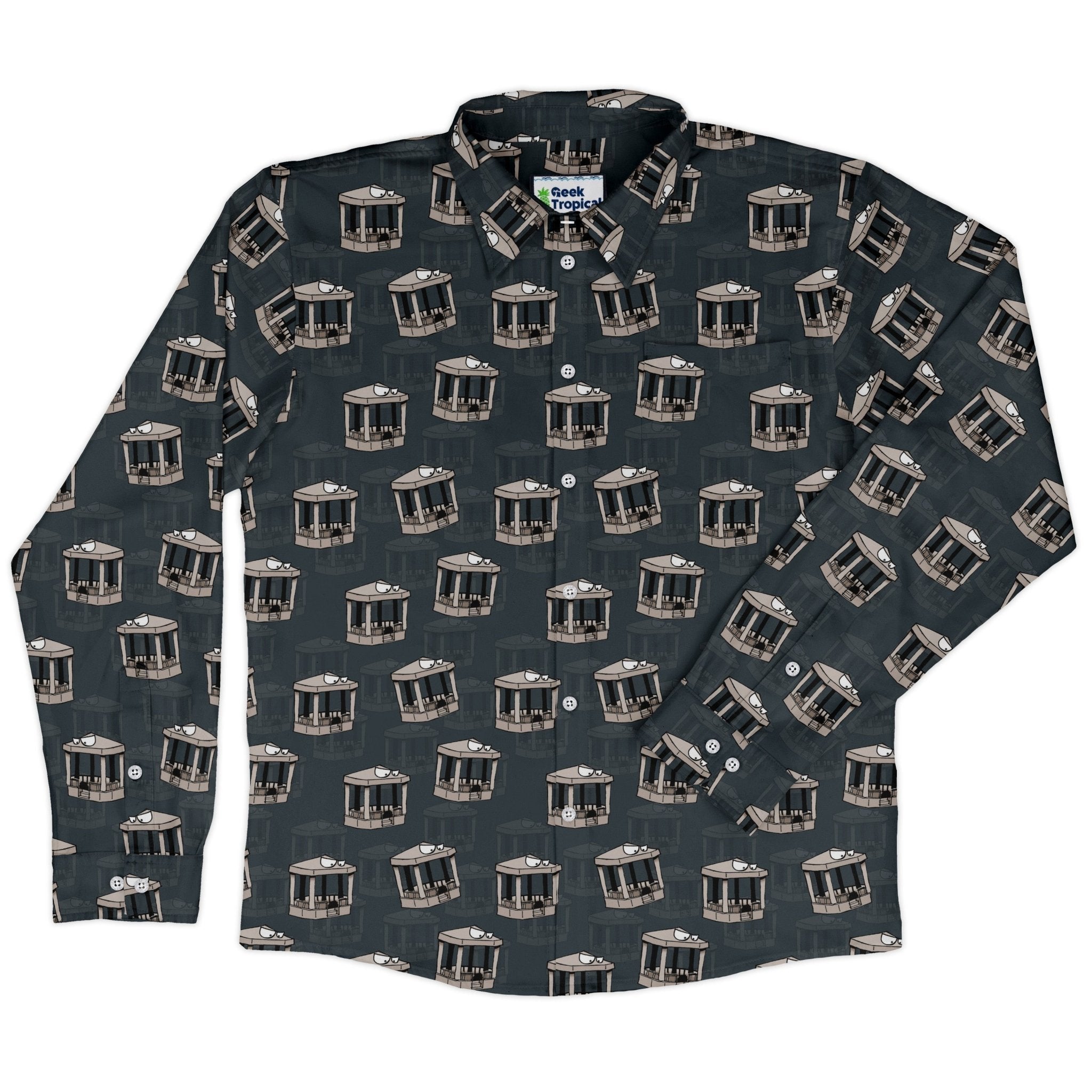 Munchkin Gazebos Long Sleeve Button Up Shirt Geek Nerd board game print Design by Dunking Toast FLOW DESC WRITING
