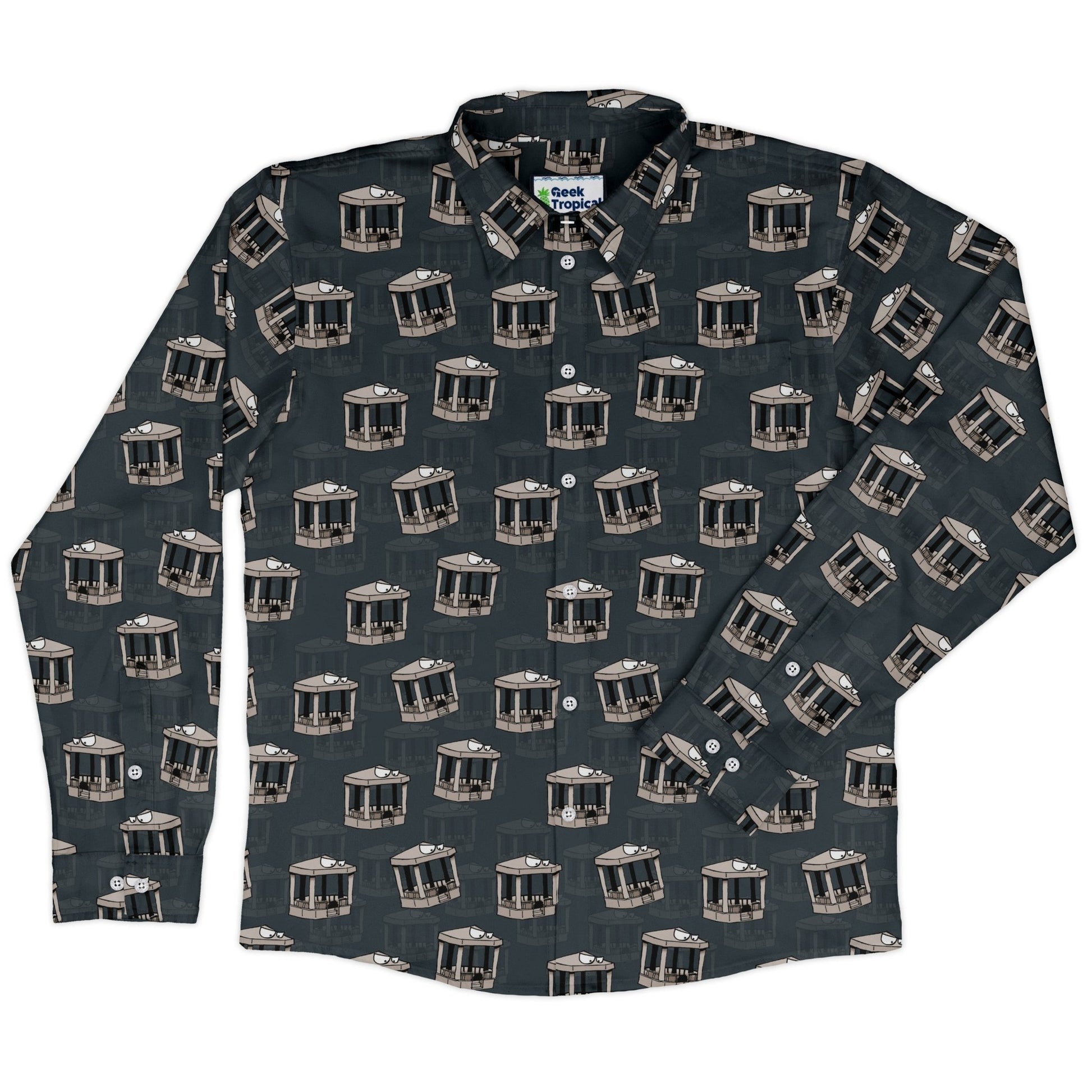 Munchkin Gazebos Long Sleeve Button Up Shirt Geek Nerd board game print Design by Dunking Toast FLOW DESC WRITING