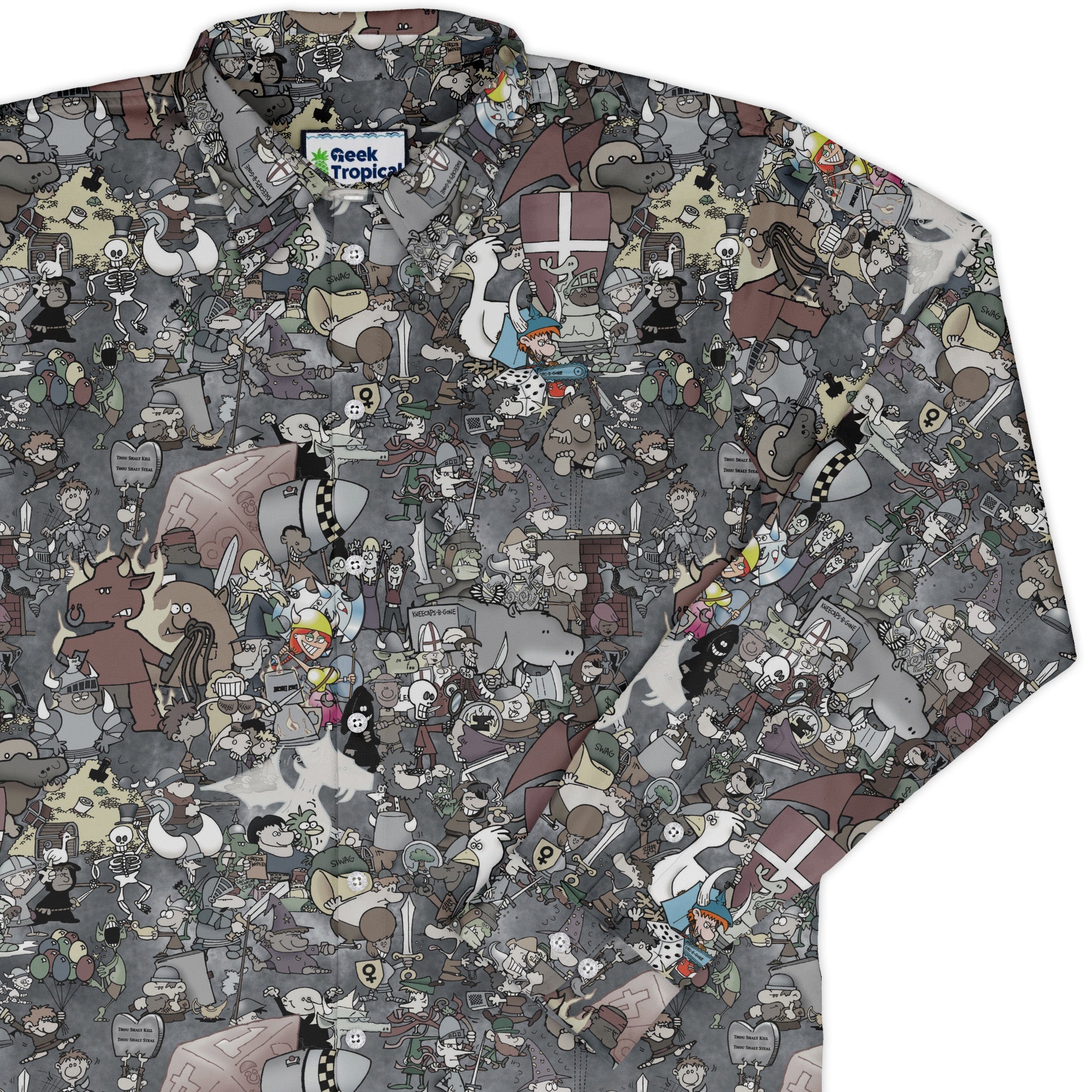 Munchkin Mashup Mania Long Sleeve Button Up Shirt Geek Nerd board game print Designs by Nathan FLOW DESC WRITING
