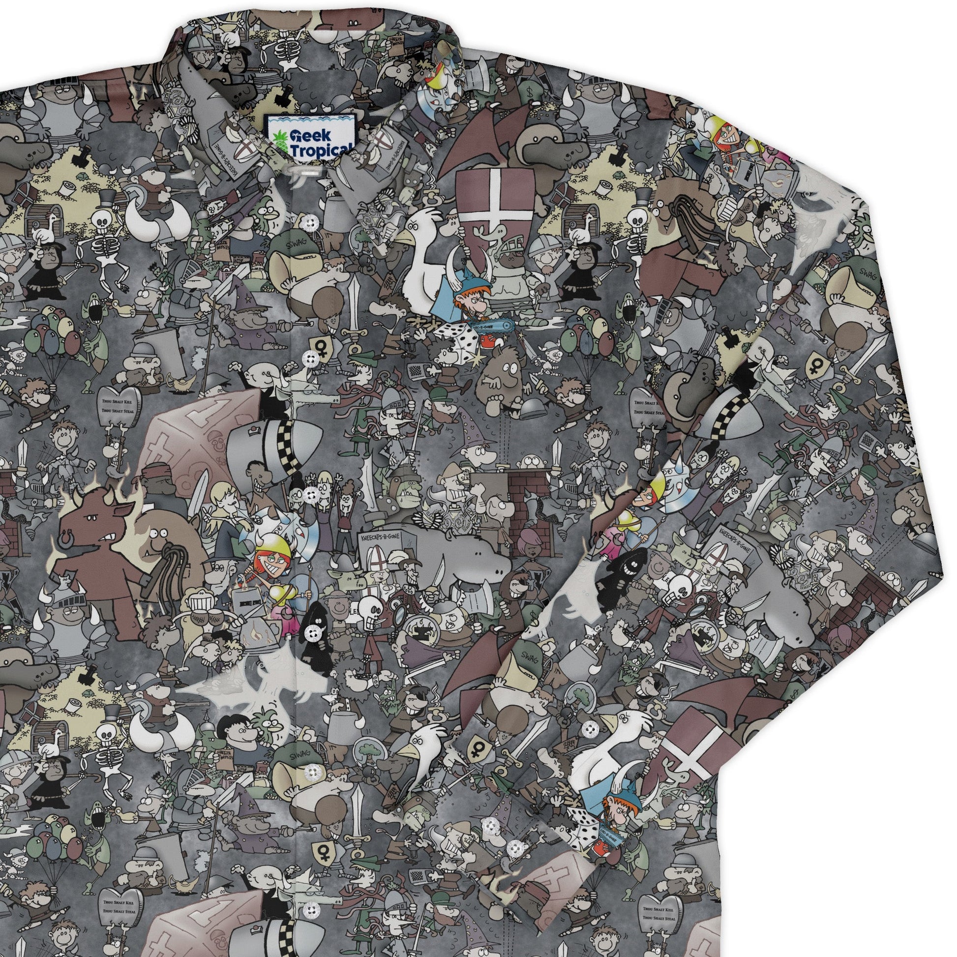 Munchkin Mashup Mania Long Sleeve Button Up Shirt Geek Nerd board game print Designs by Nathan FLOW DESC WRITING