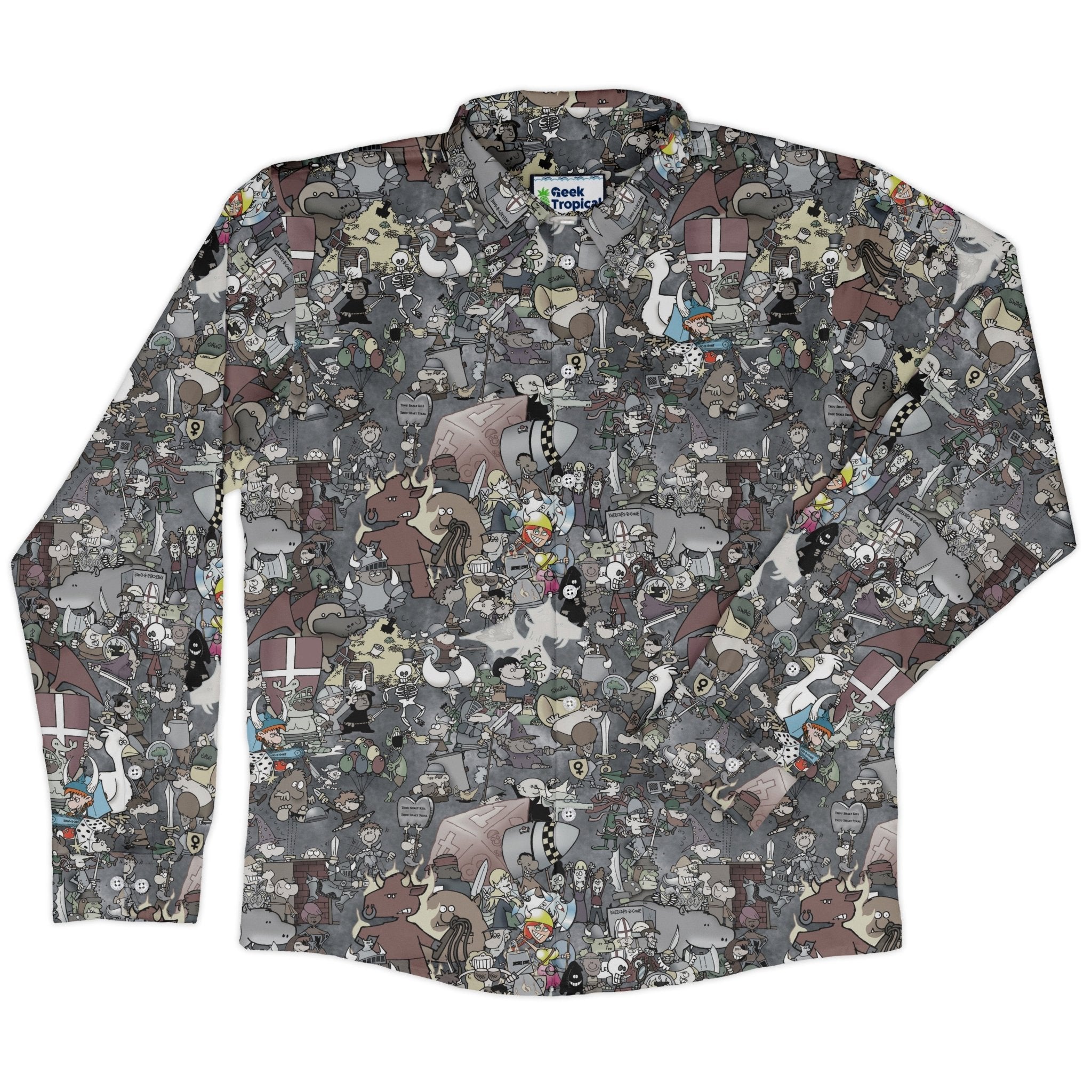 Munchkin Mashup Mania Long Sleeve Button Up Shirt Geek Nerd board game print Designs by Nathan FLOW DESC WRITING