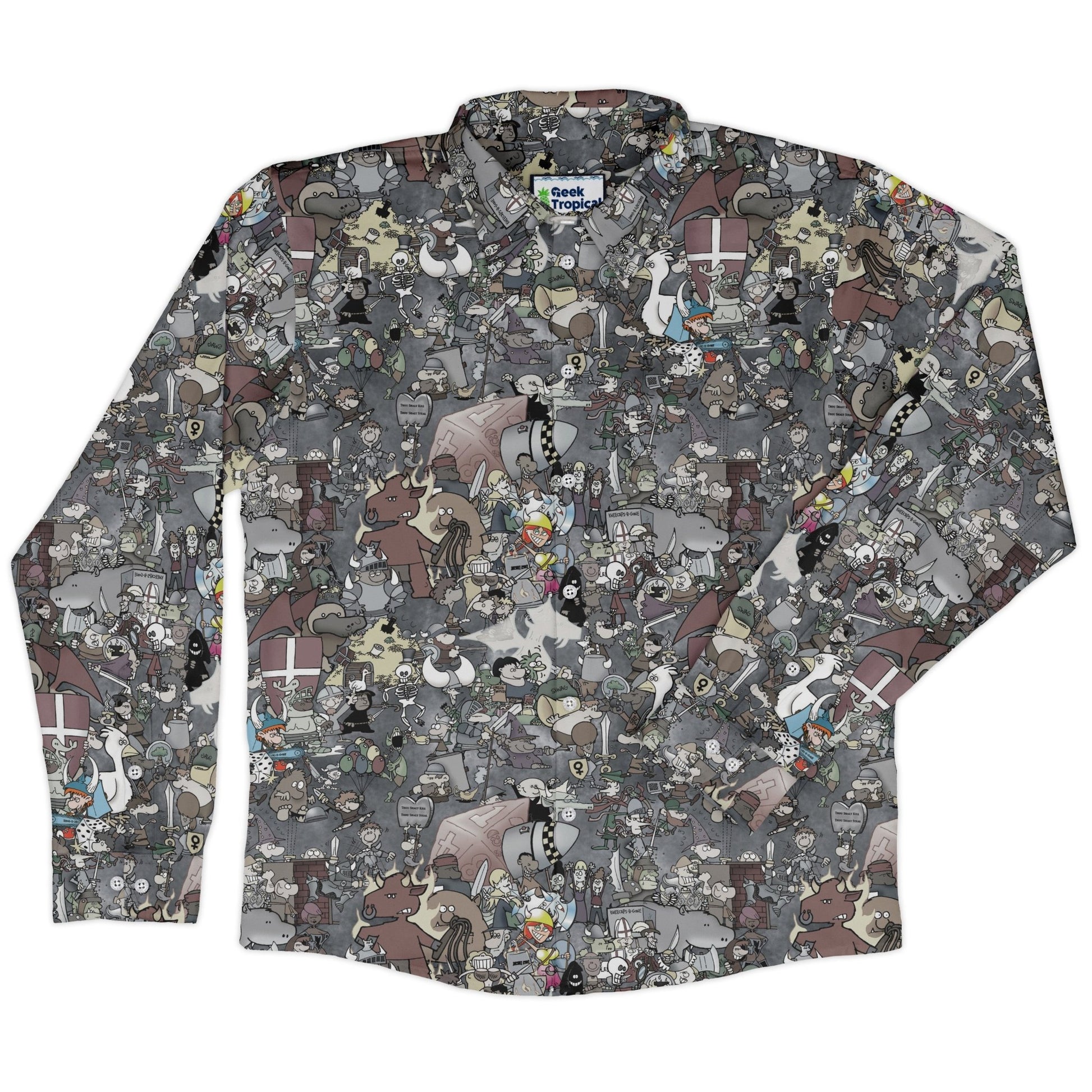 Munchkin Mashup Mania Long Sleeve Button Up Shirt Geek Nerd board game print Designs by Nathan FLOW DESC WRITING