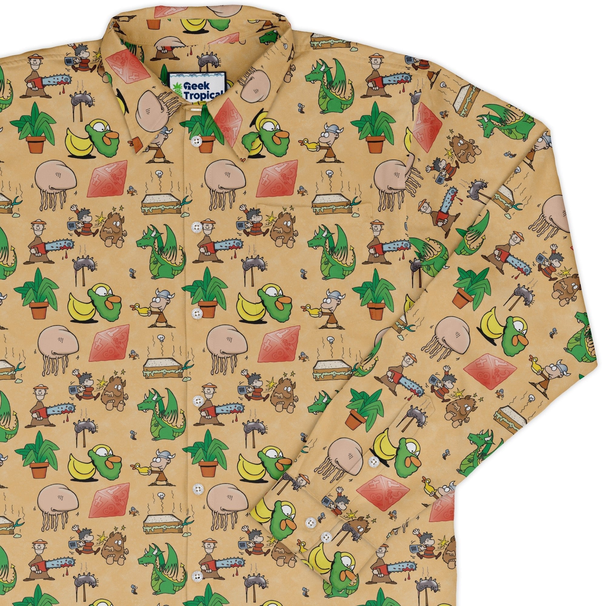 Munchkin Mayhem Long Sleeve Button Up Shirt Geek Nerd board game print Designs by Nathan FLOW DESC WRITING
