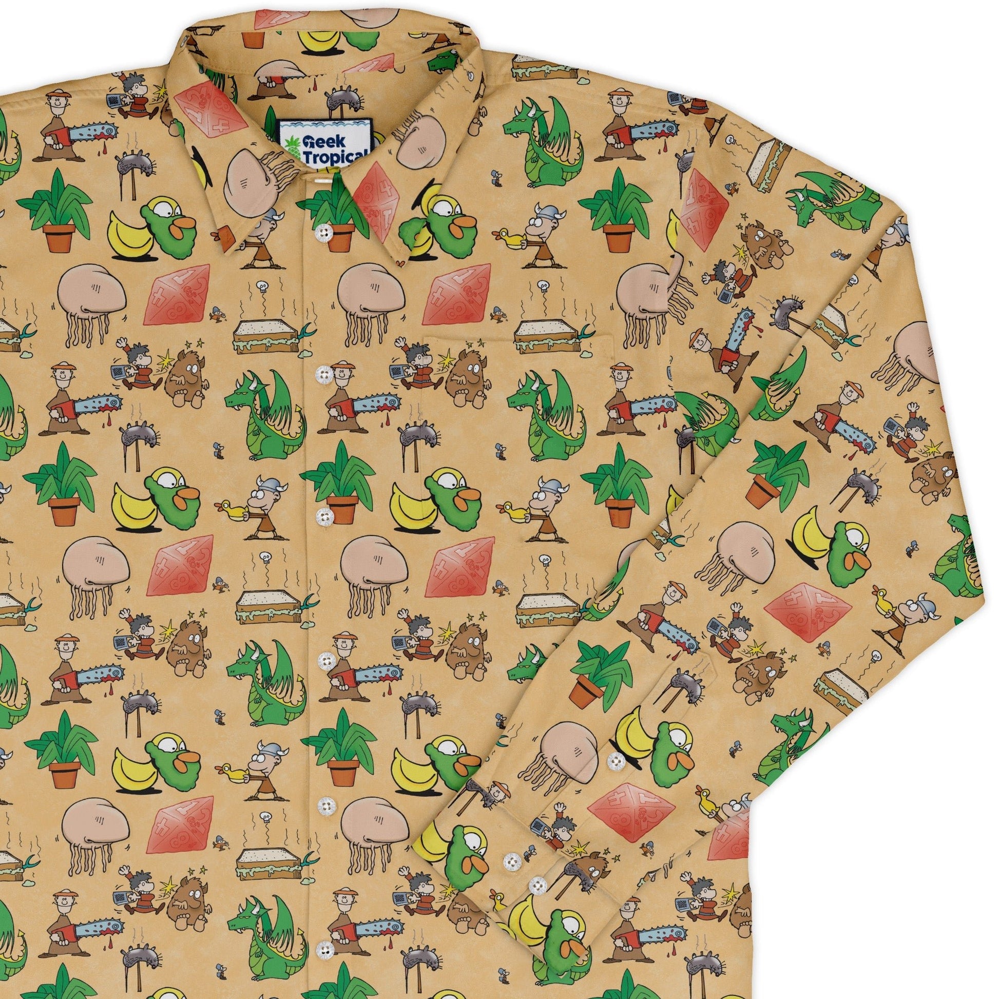 Munchkin Mayhem Long Sleeve Button Up Shirt Geek Nerd board game print Designs by Nathan FLOW DESC WRITING