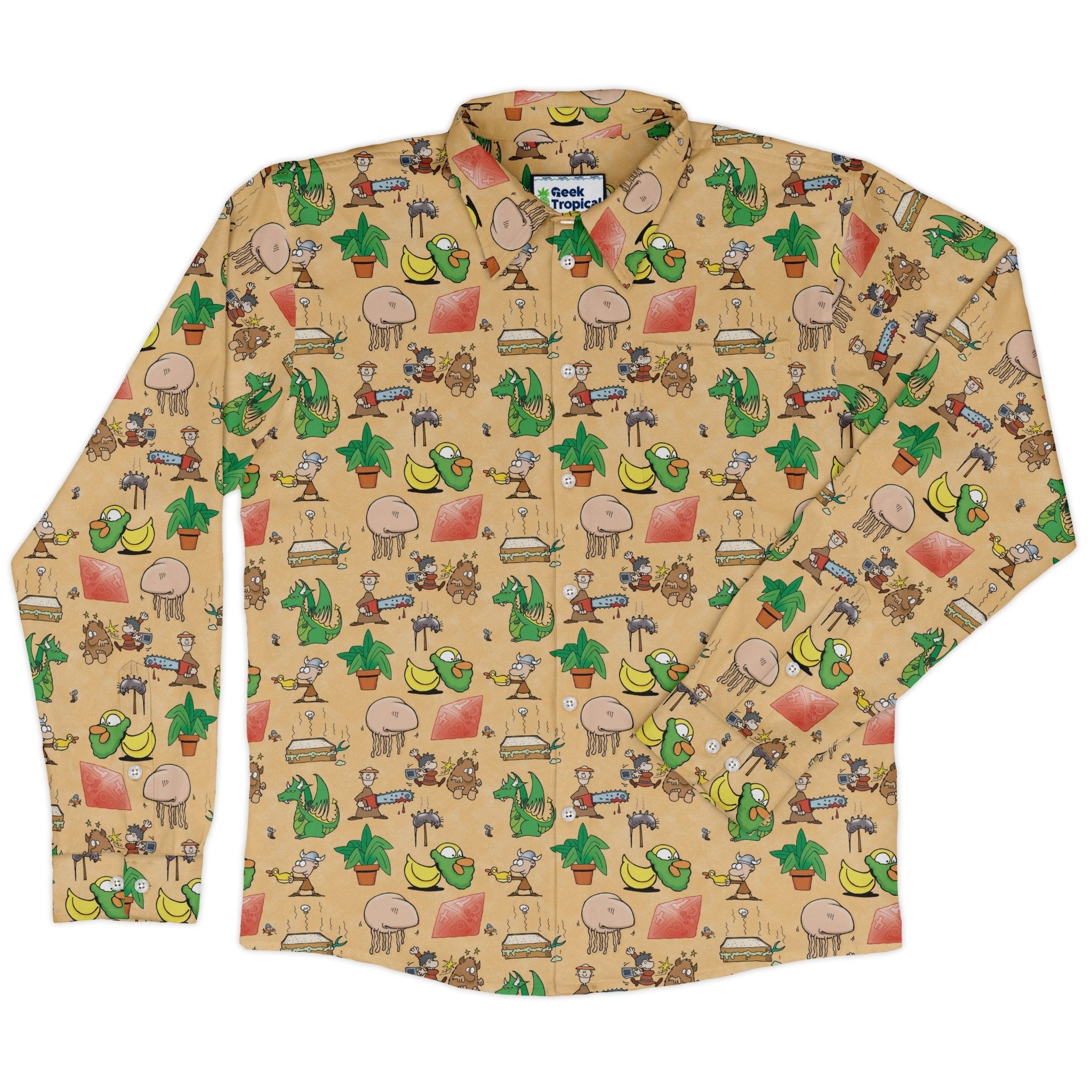 Munchkin Mayhem Long Sleeve Button Up Shirt Geek Nerd board game print Designs by Nathan FLOW DESC WRITING