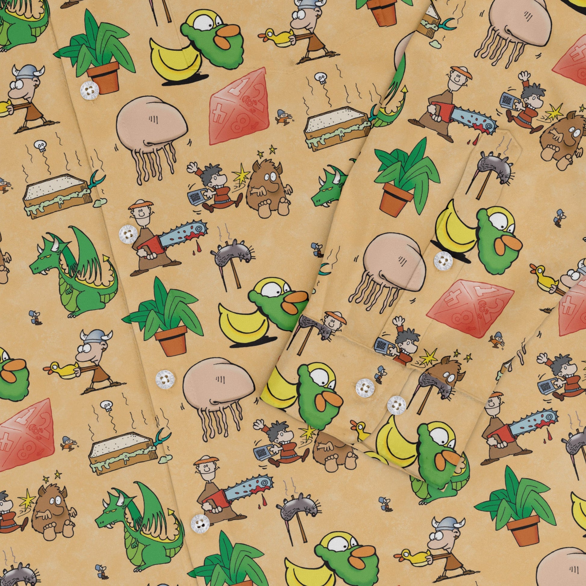 Munchkin Mayhem Long Sleeve Button Up Shirt Geek Nerd board game print Designs by Nathan FLOW DESC WRITING