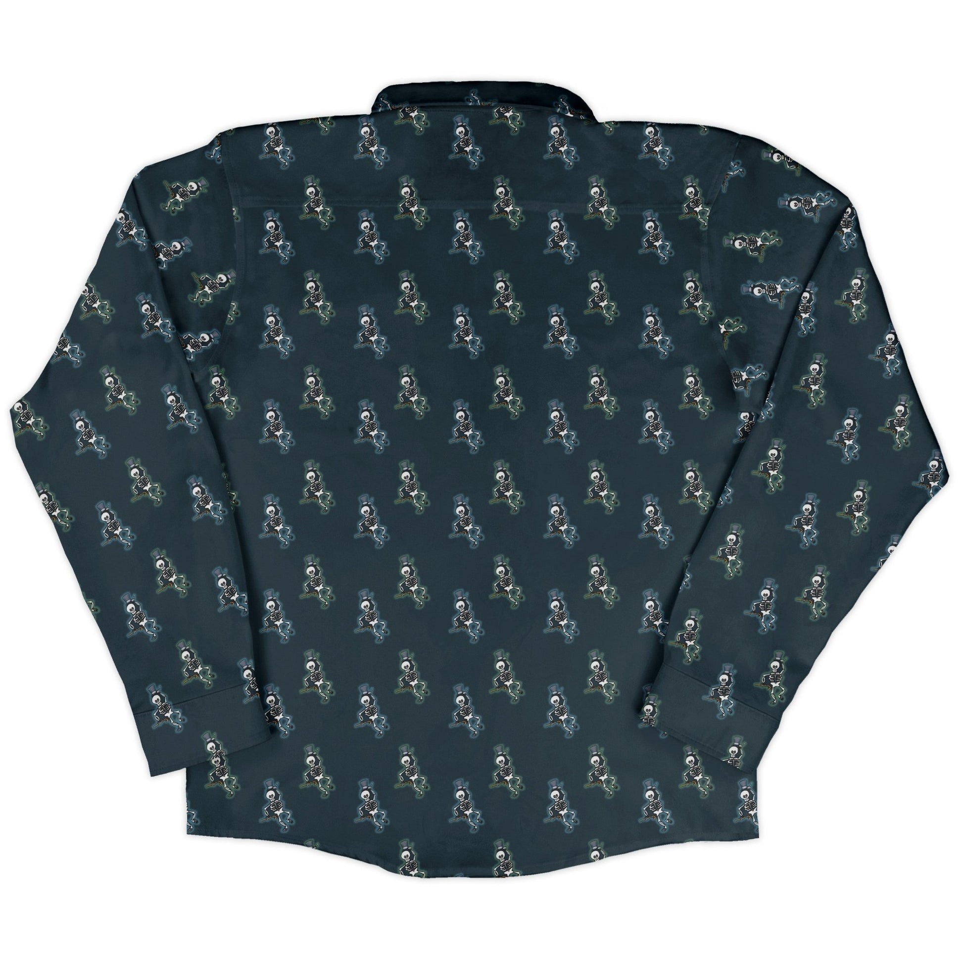Munchkin Mr. Bones Halo Highlight Long Sleeve Button Up Shirt Geek Nerd board game print Design by Heather Davenport FLOW DESC WRITING