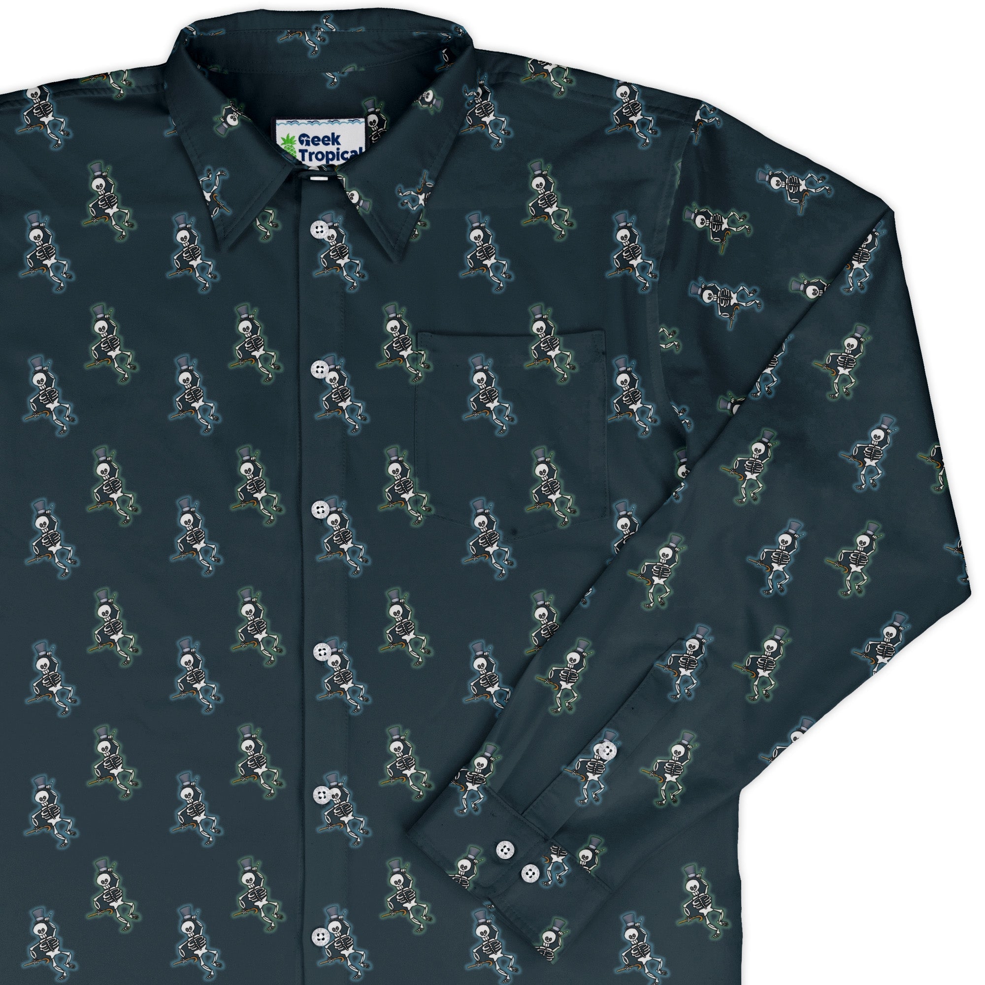 Munchkin Mr. Bones Halo Highlight Long Sleeve Button Up Shirt Geek Nerd board game print Design by Heather Davenport FLOW DESC WRITING