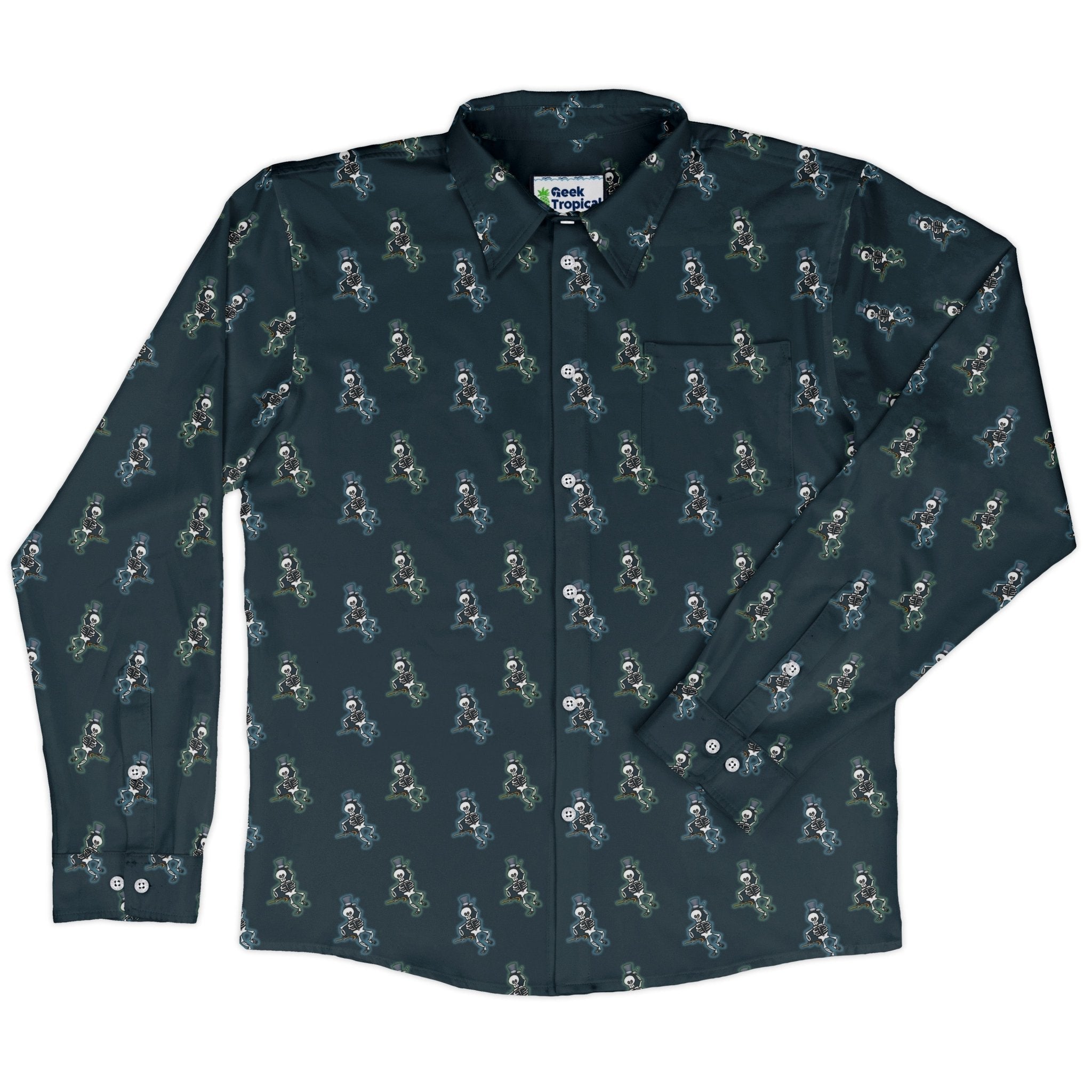 Munchkin Mr. Bones Halo Highlight Long Sleeve Button Up Shirt Geek Nerd board game print Design by Heather Davenport FLOW DESC WRITING