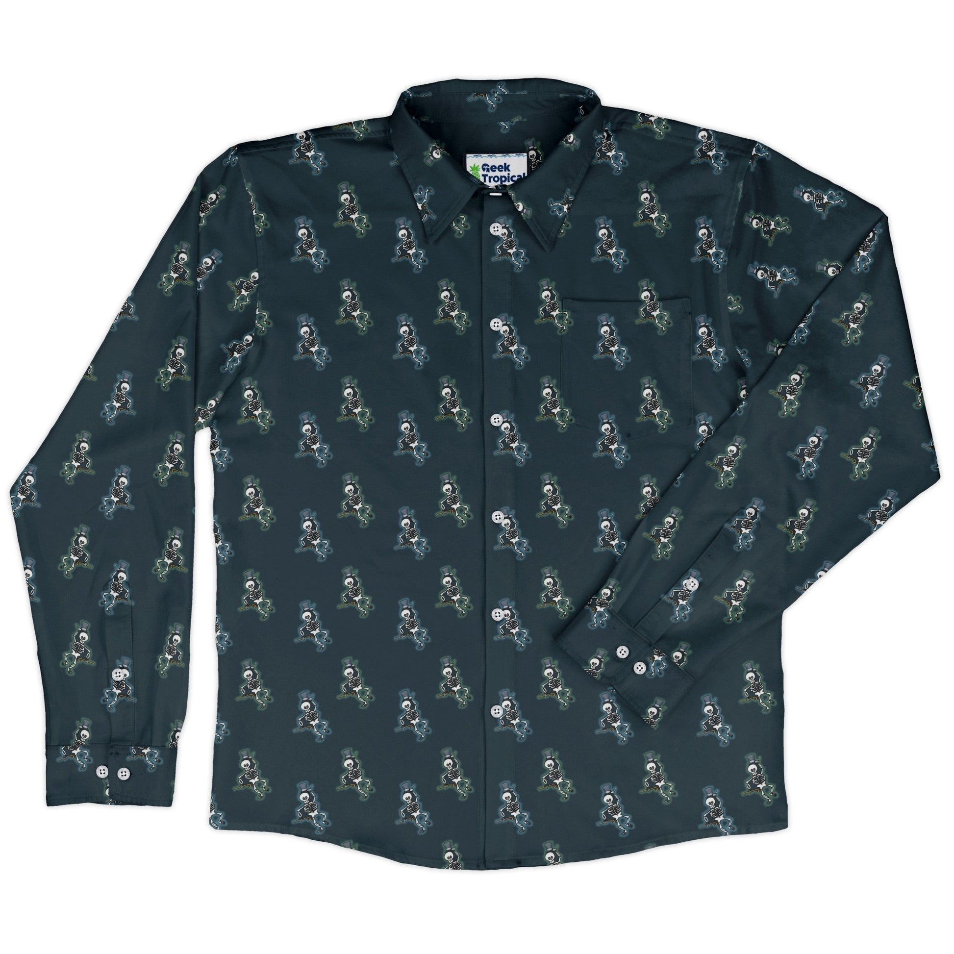 Munchkin Mr. Bones Halo Highlight Long Sleeve Button Up Shirt Geek Nerd board game print Design by Heather Davenport FLOW DESC WRITING