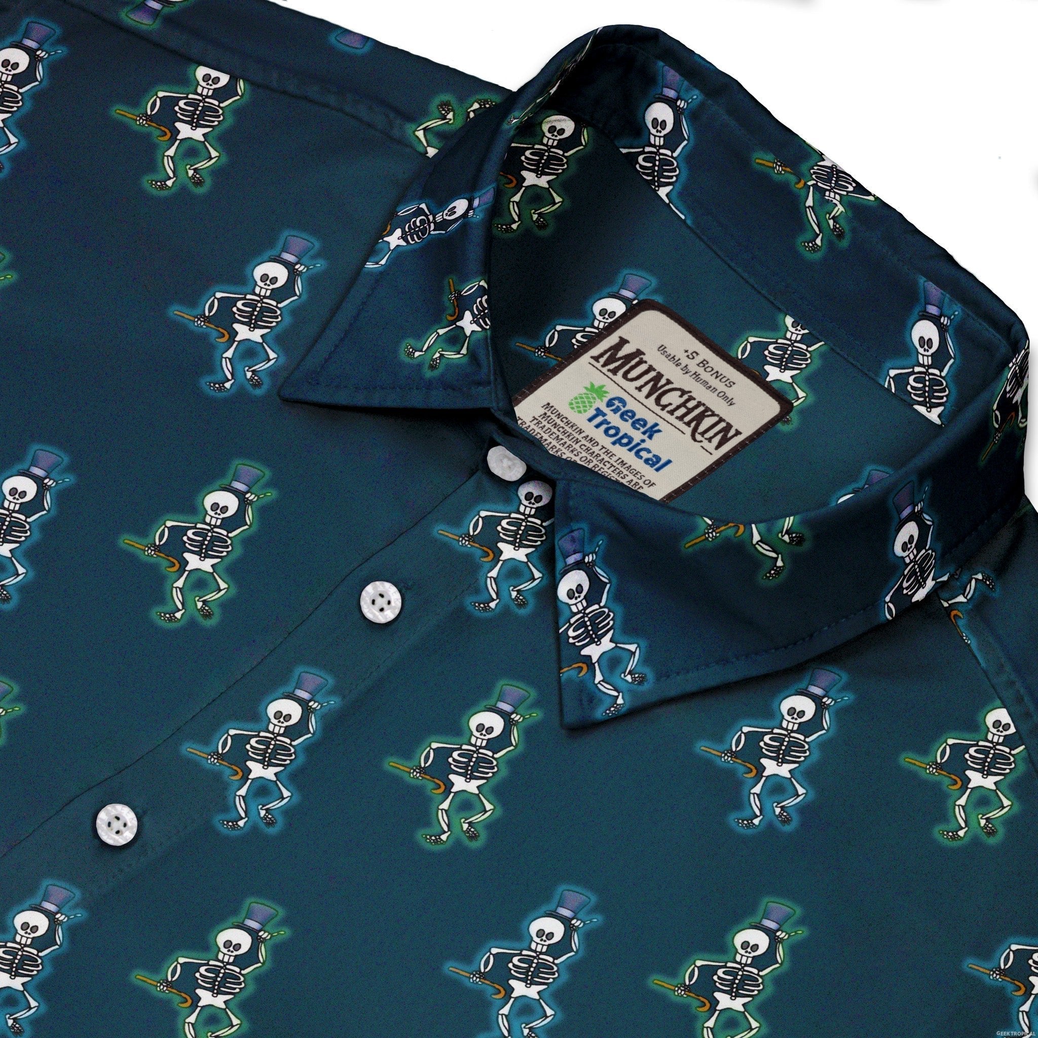 Munchkin Mr. Bones Halo Highlight Button Up Shirt - board game print - Design by Heather Davenport - Munchkin print