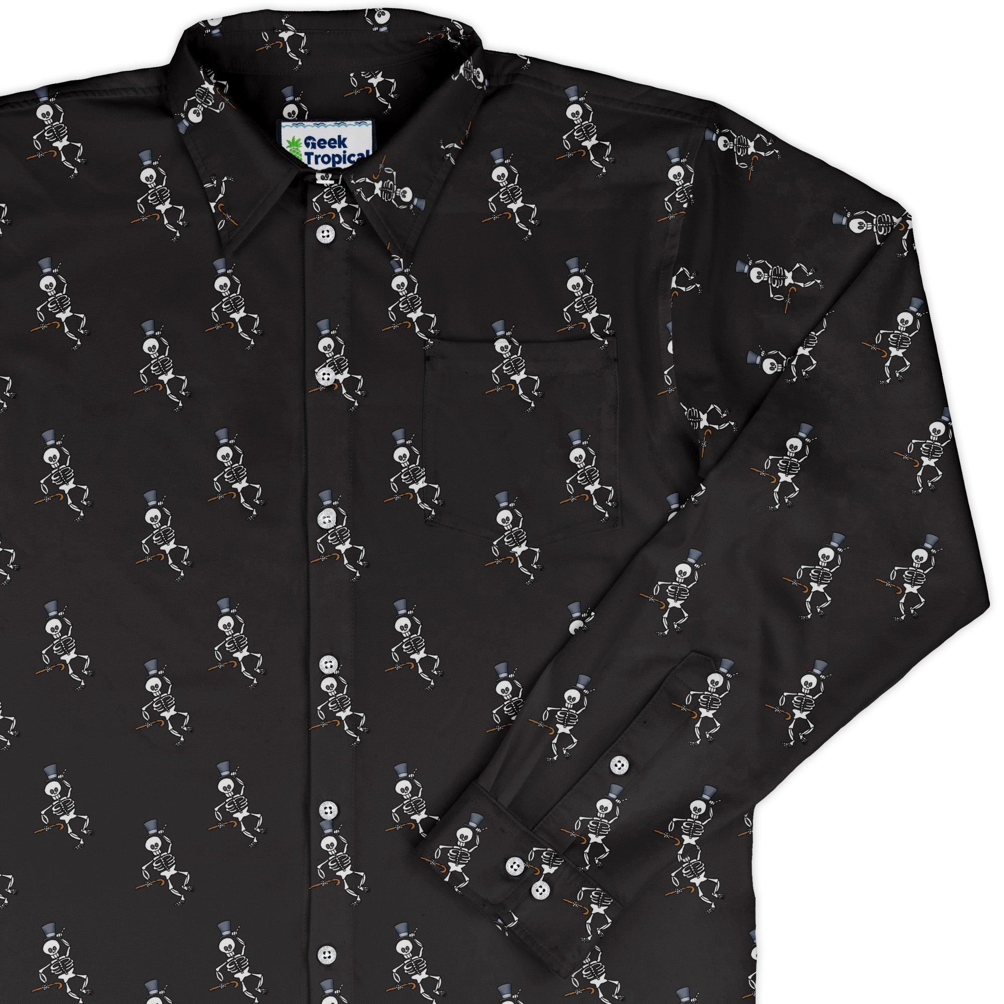 Munchkin Mr. Bones Plain Black Long Sleeve Button Up Shirt Geek Nerd board game print Design by Heather Davenport FLOW DESC WRITING