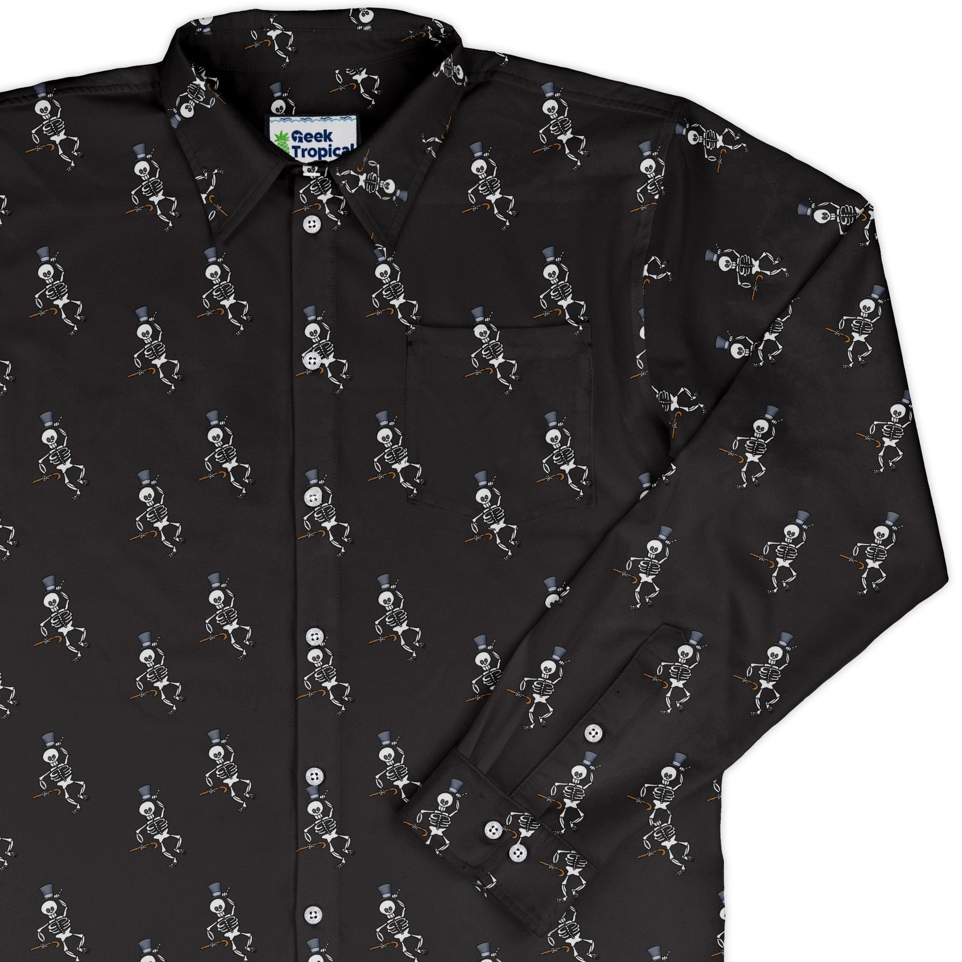 Munchkin Mr. Bones Plain Black Long Sleeve Button Up Shirt Geek Nerd board game print Design by Heather Davenport FLOW DESC WRITING