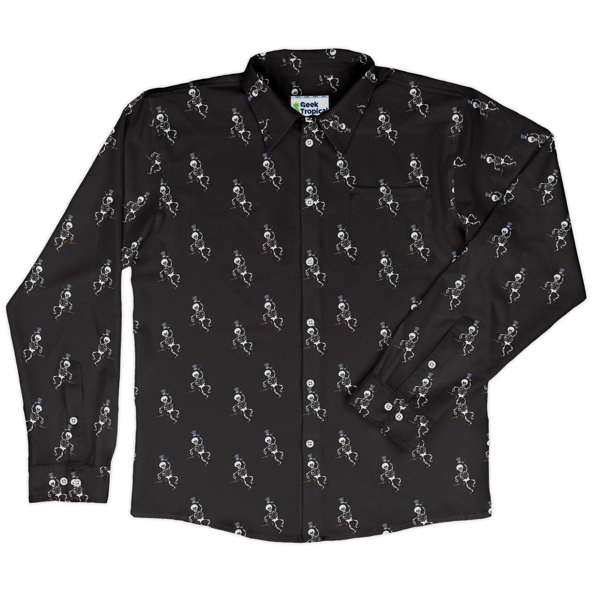 Munchkin Mr. Bones Plain Black Long Sleeve Button Up Shirt Geek Nerd board game print Design by Heather Davenport FLOW DESC WRITING