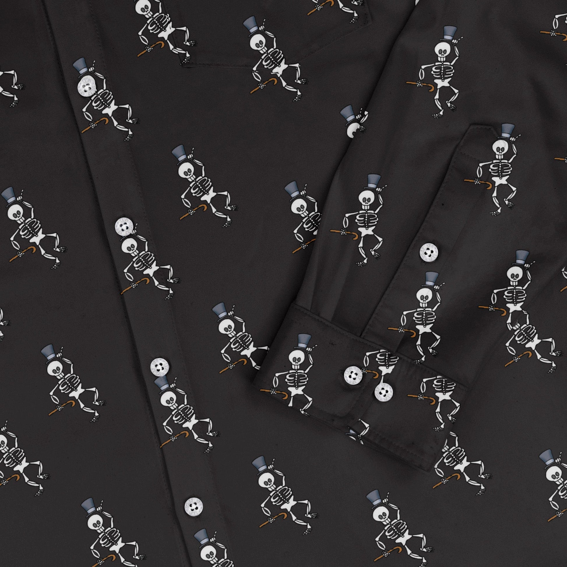 Munchkin Mr. Bones Plain Black Long Sleeve Button Up Shirt Geek Nerd board game print Design by Heather Davenport FLOW DESC WRITING