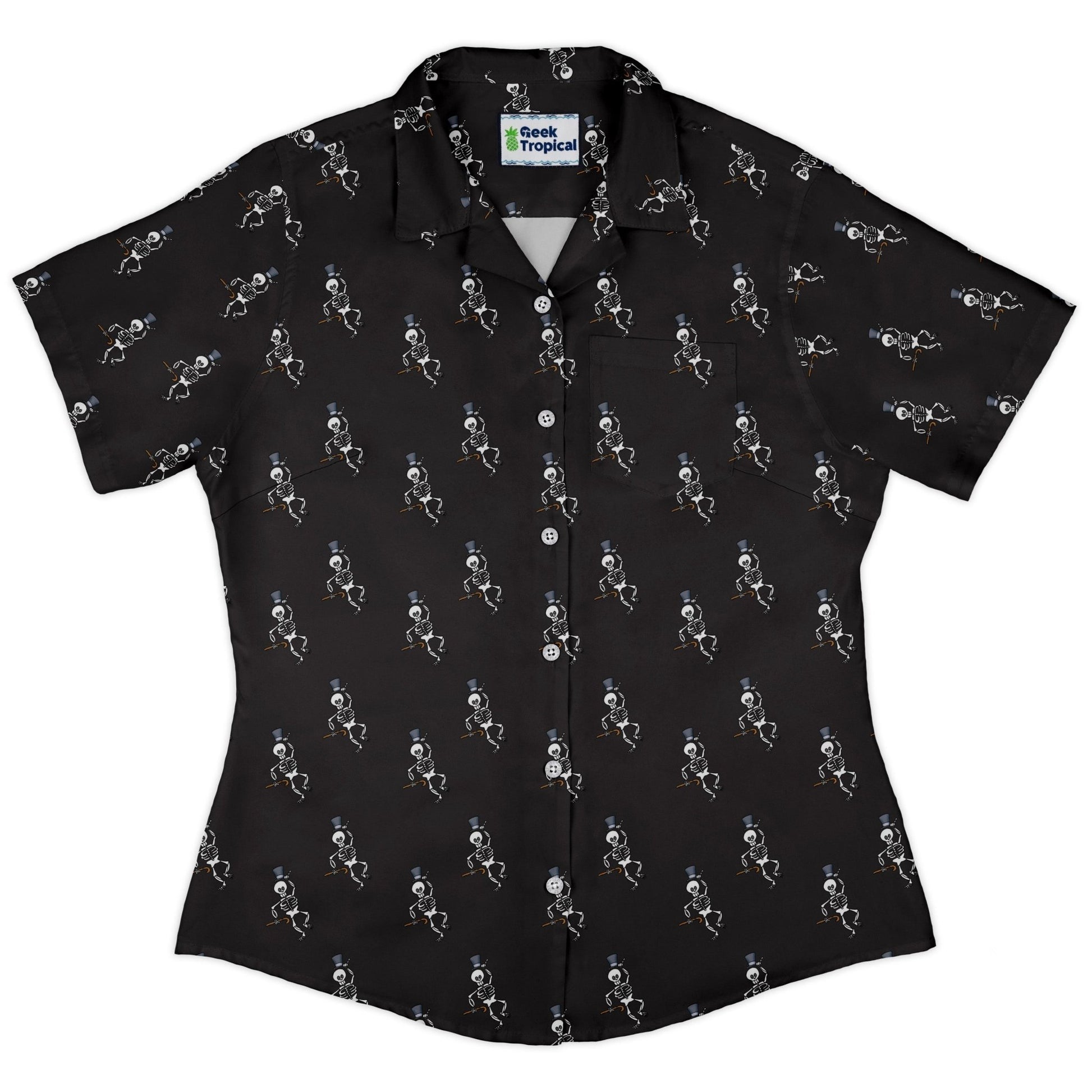 Munchkin Mr Bones Plain Black Curvy Button Up Shirt Geek Nerd women