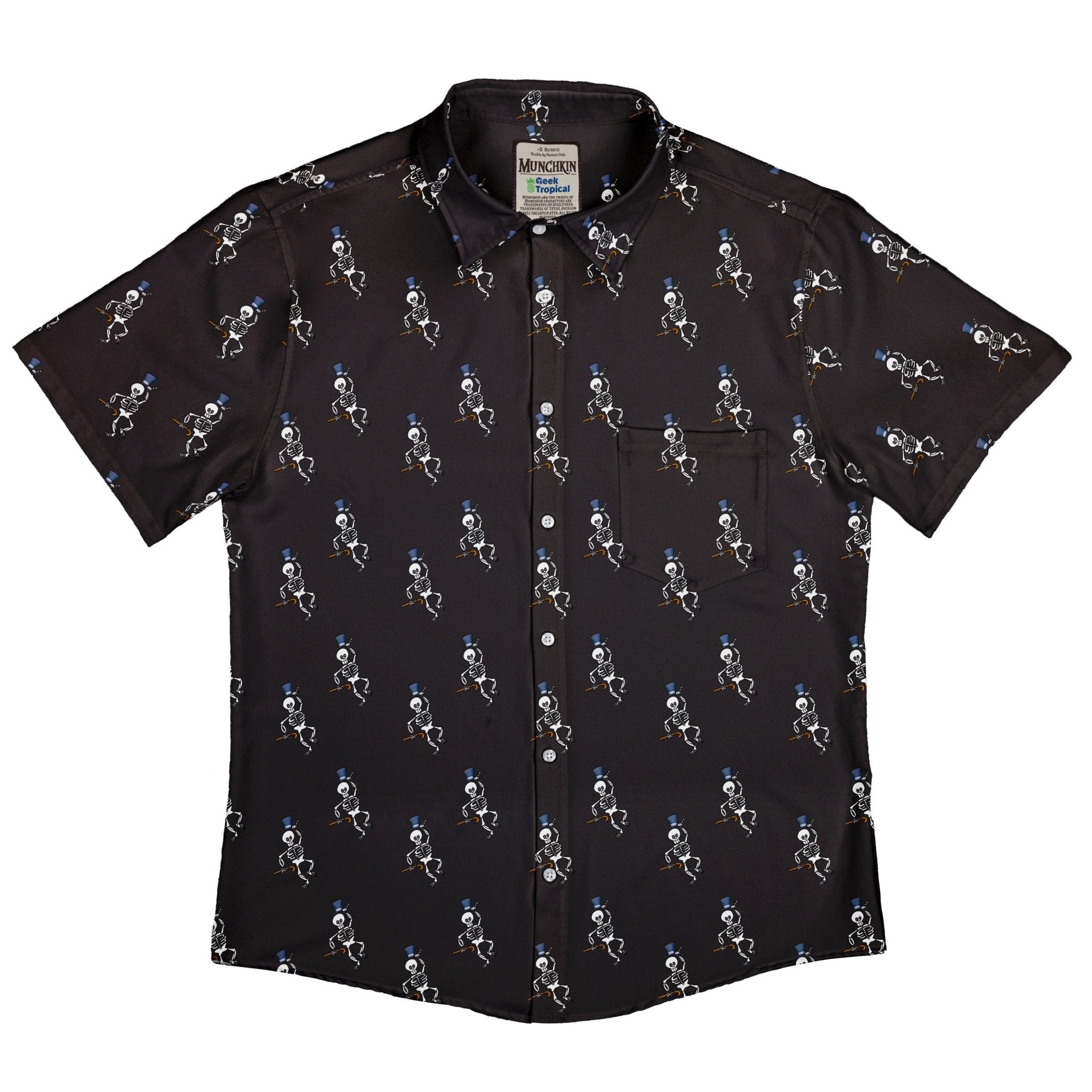 Munchkin Mr. Bones Plain Black Button Up Shirt - board game print - Design by Heather Davenport - Munchkin print