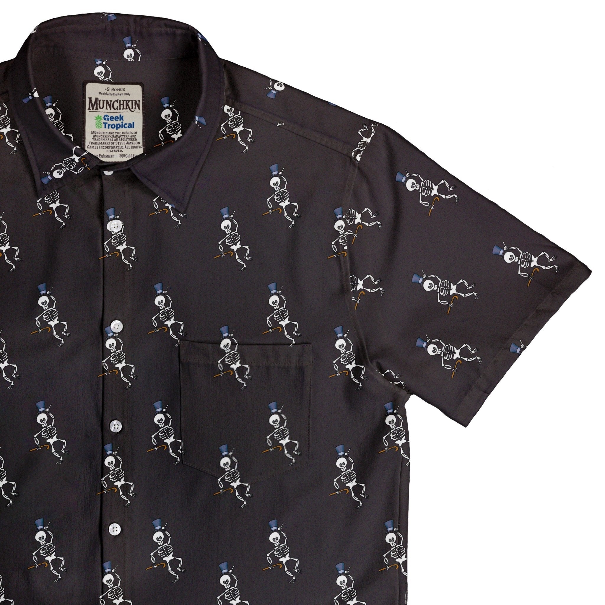 Munchkin Mr. Bones Plain Black Button Up Shirt - board game print - Design by Heather Davenport - Munchkin print