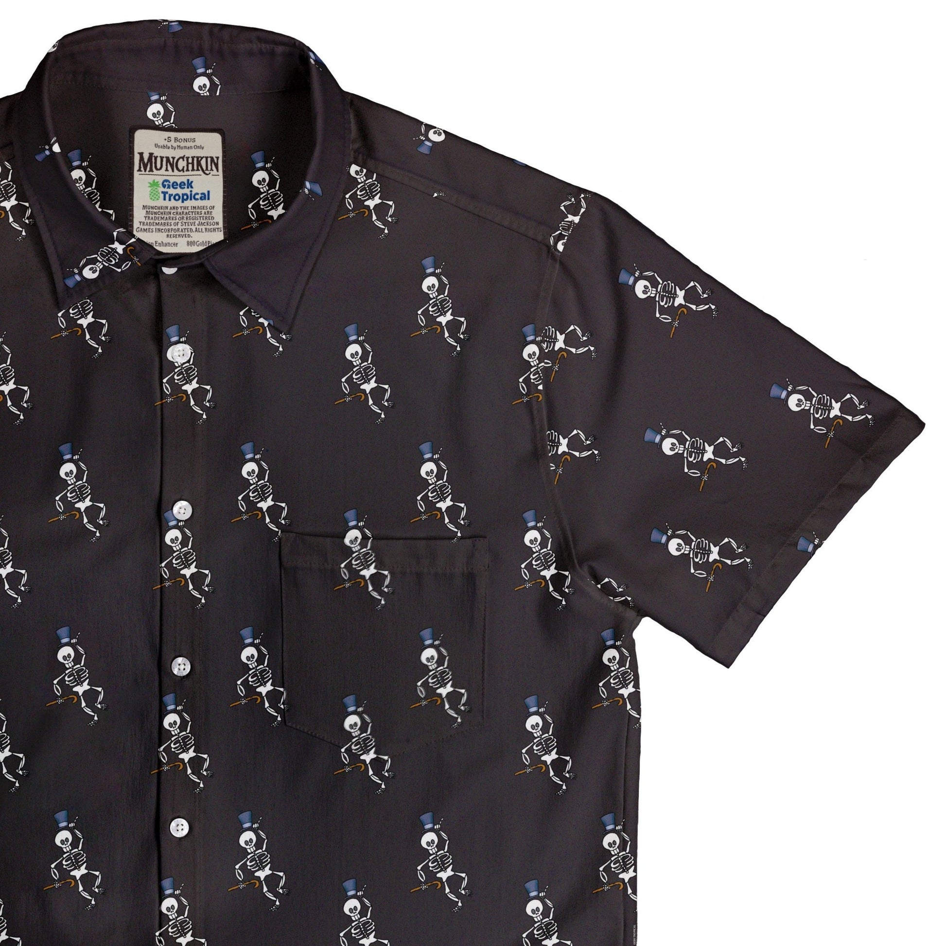 Munchkin Mr. Bones Plain Black Button Up Shirt - board game print - Design by Heather Davenport - Munchkin print