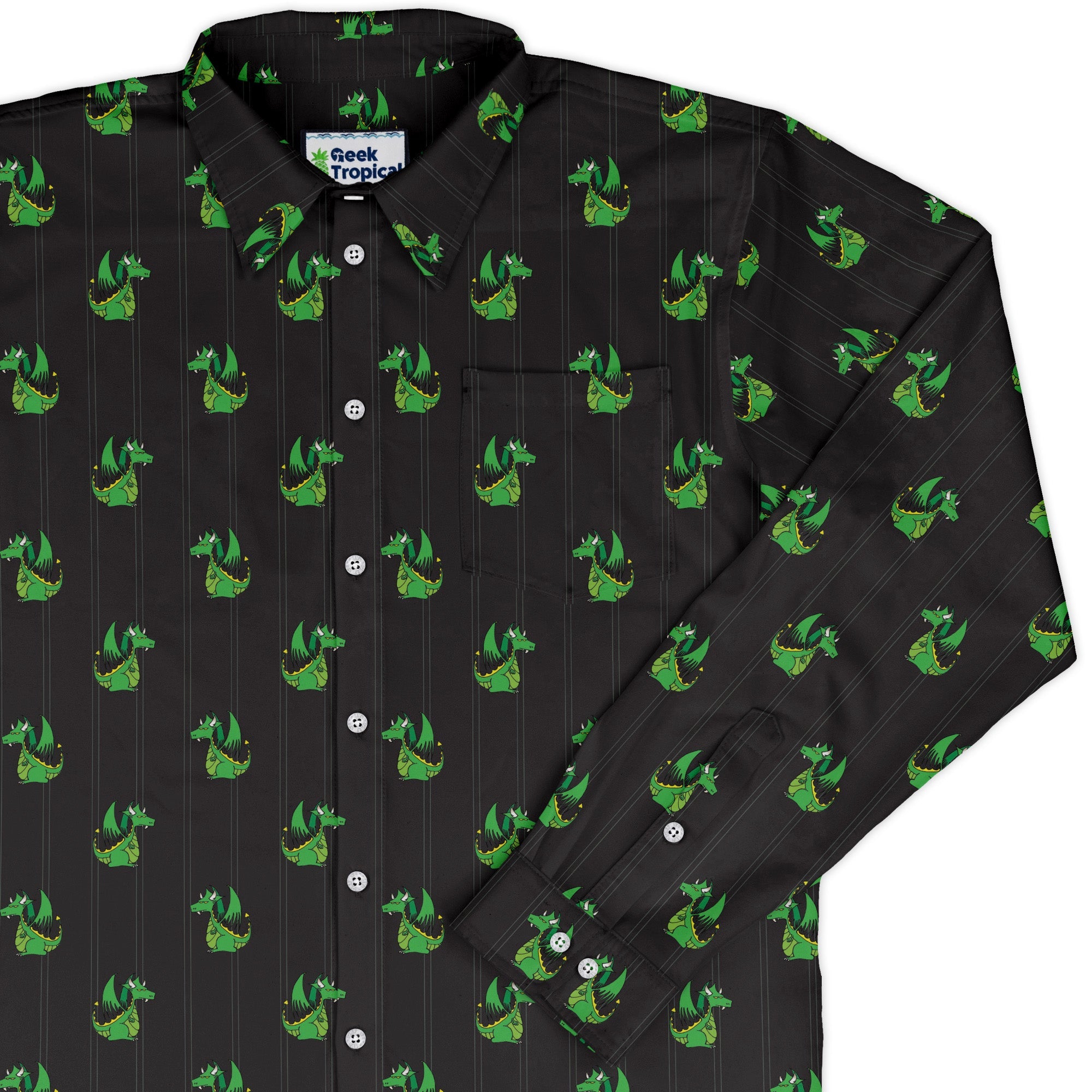 Munchkin Plutonium Dragon Long Sleeve Button Up Shirt Geek Nerd board game print Design by Heather Davenport FLOW DESC WRITING