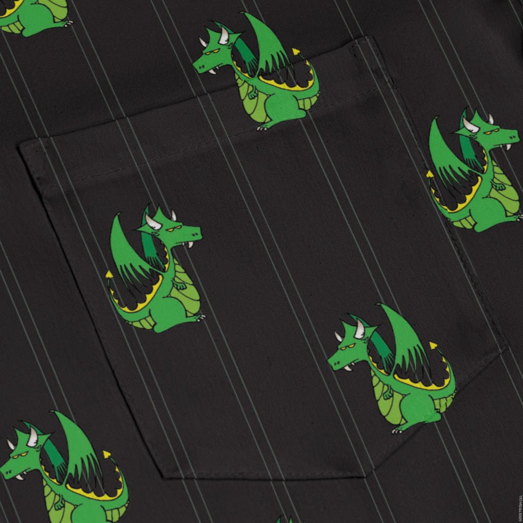 Munchkin Plutonium Dragon Long Sleeve Button Up Shirt Geek Nerd board game print Design by Heather Davenport FLOW DESC WRITING