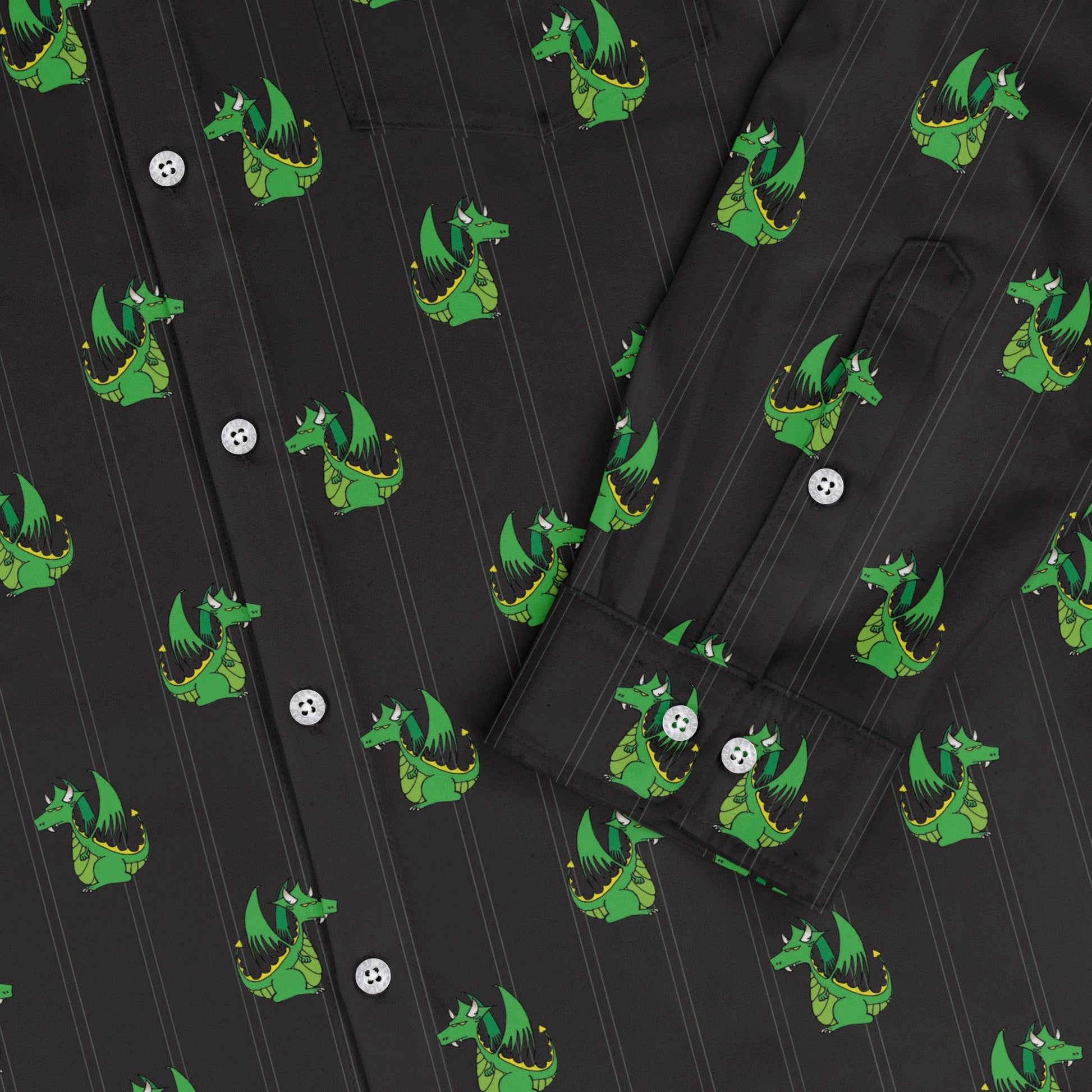 Munchkin Plutonium Dragon Long Sleeve Button Up Shirt Geek Nerd board game print Design by Heather Davenport FLOW DESC WRITING