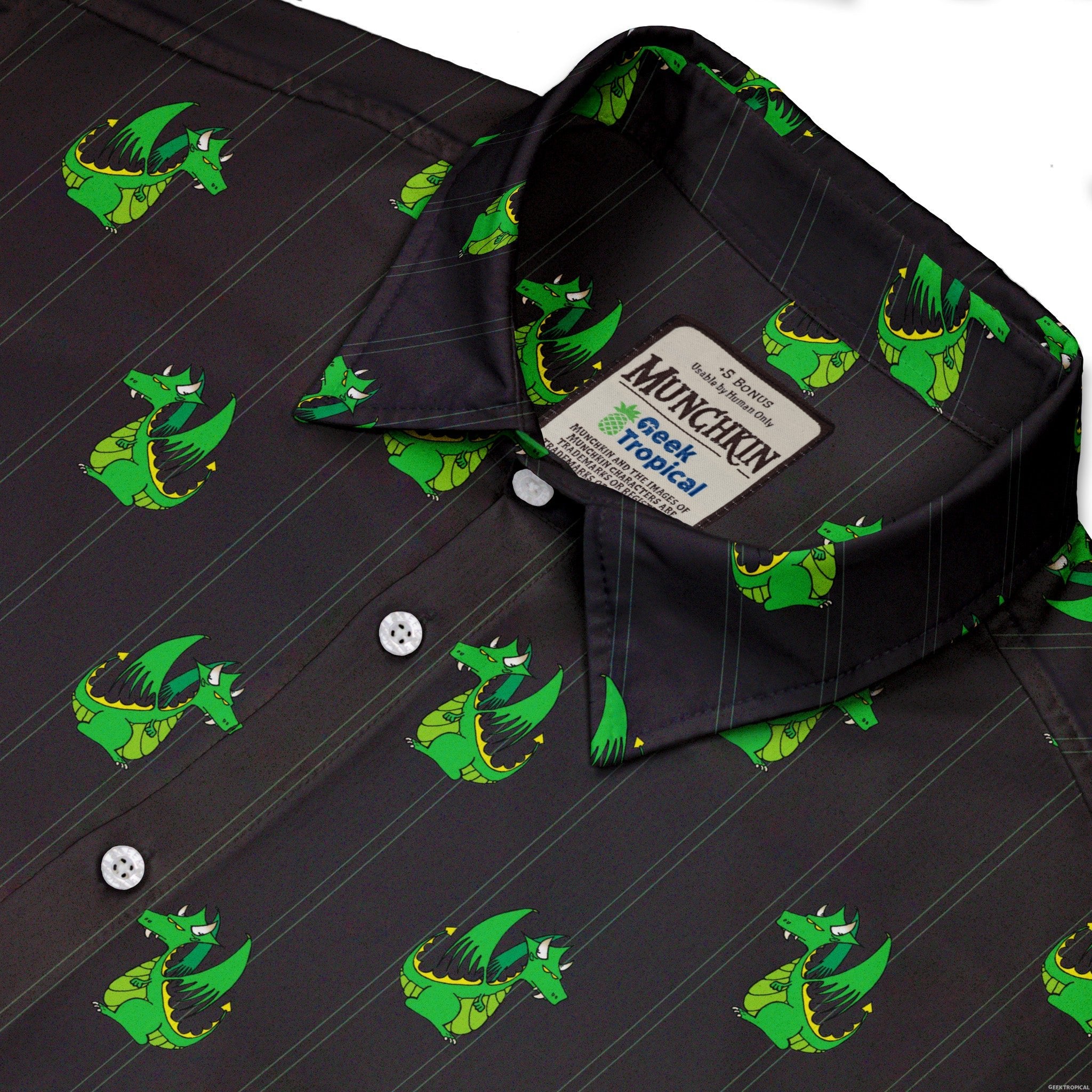 Ready - to - Ship Munchkin Plutonium Dragon Button Up Shirt Geek Nerd board game print Design by Heather Davenport fix