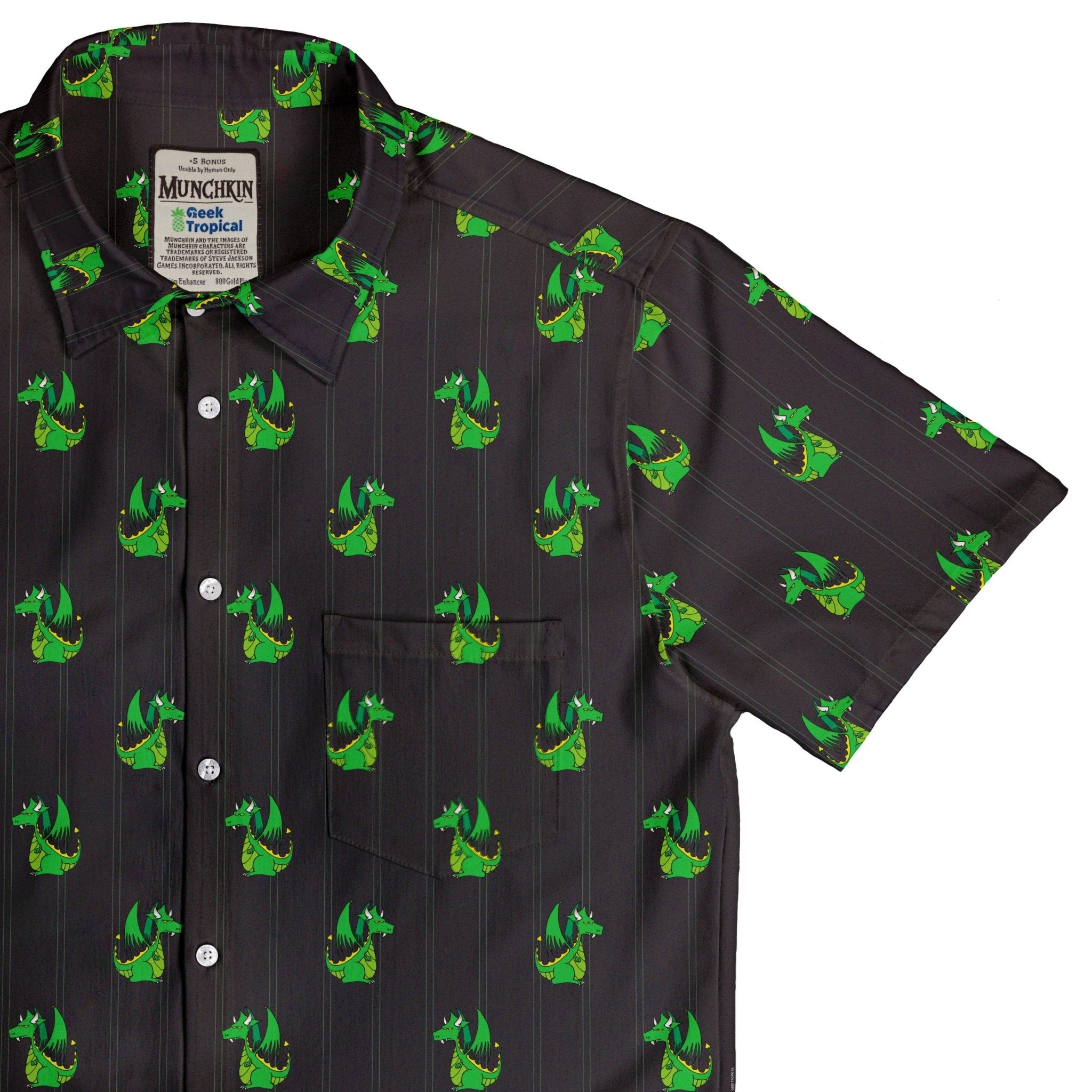 Ready - to - Ship Munchkin Plutonium Dragon Button Up Shirt Geek Nerd board game print Design by Heather Davenport fix
