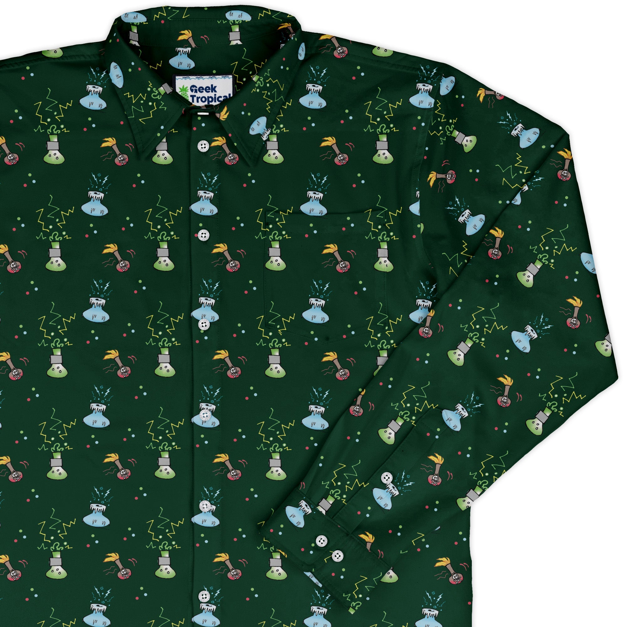 Munchkin Potions Long Sleeve Button Up Shirt Geek Nerd board game print Design by Heather Davenport FLOW DESC WRITING