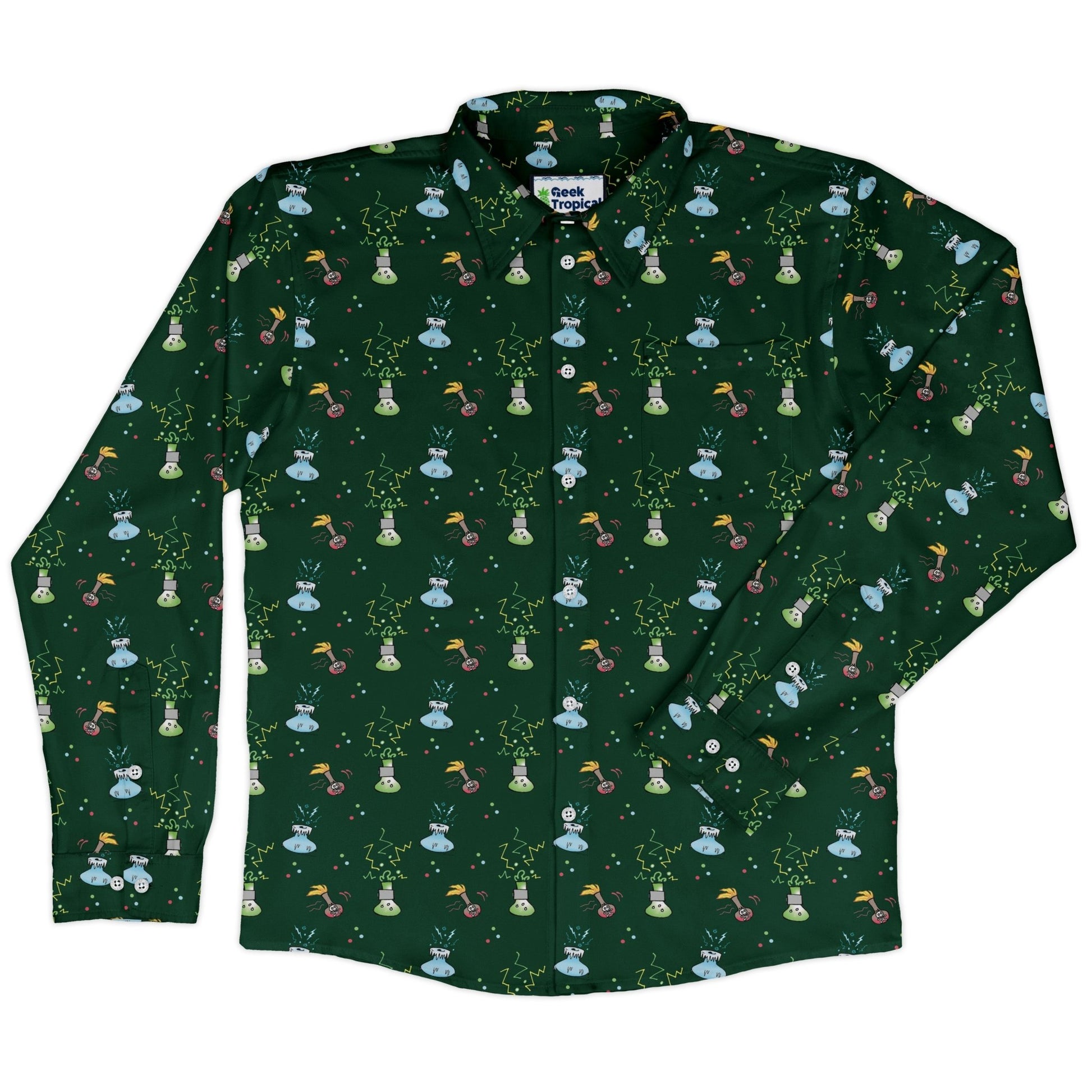Munchkin Potions Long Sleeve Button Up Shirt Geek Nerd board game print Design by Heather Davenport FLOW DESC WRITING