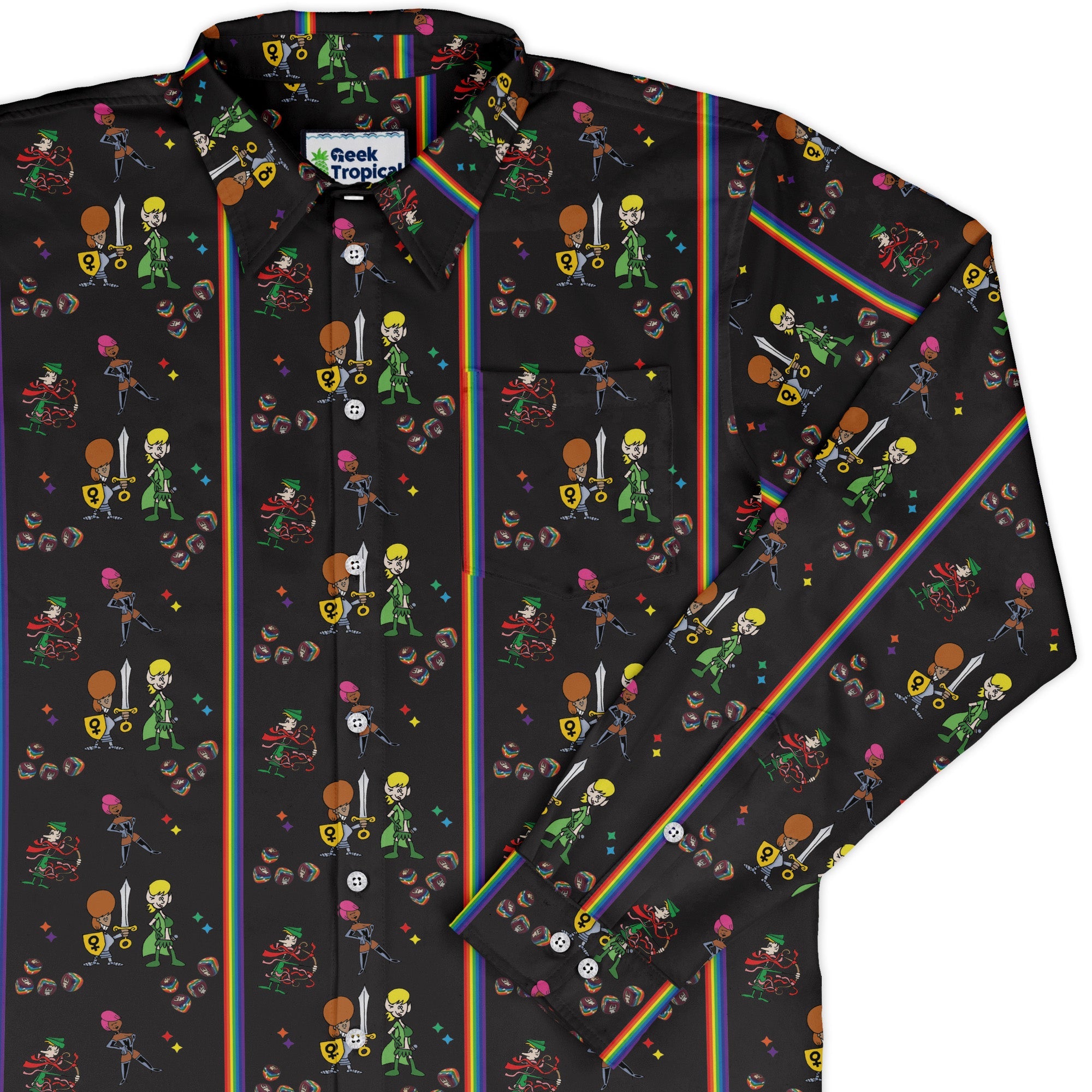 Munchkin Pride Long Sleeve Button Up Shirt Geek Nerd board game print Design by Heather Davenport FLOW DESC WRITING