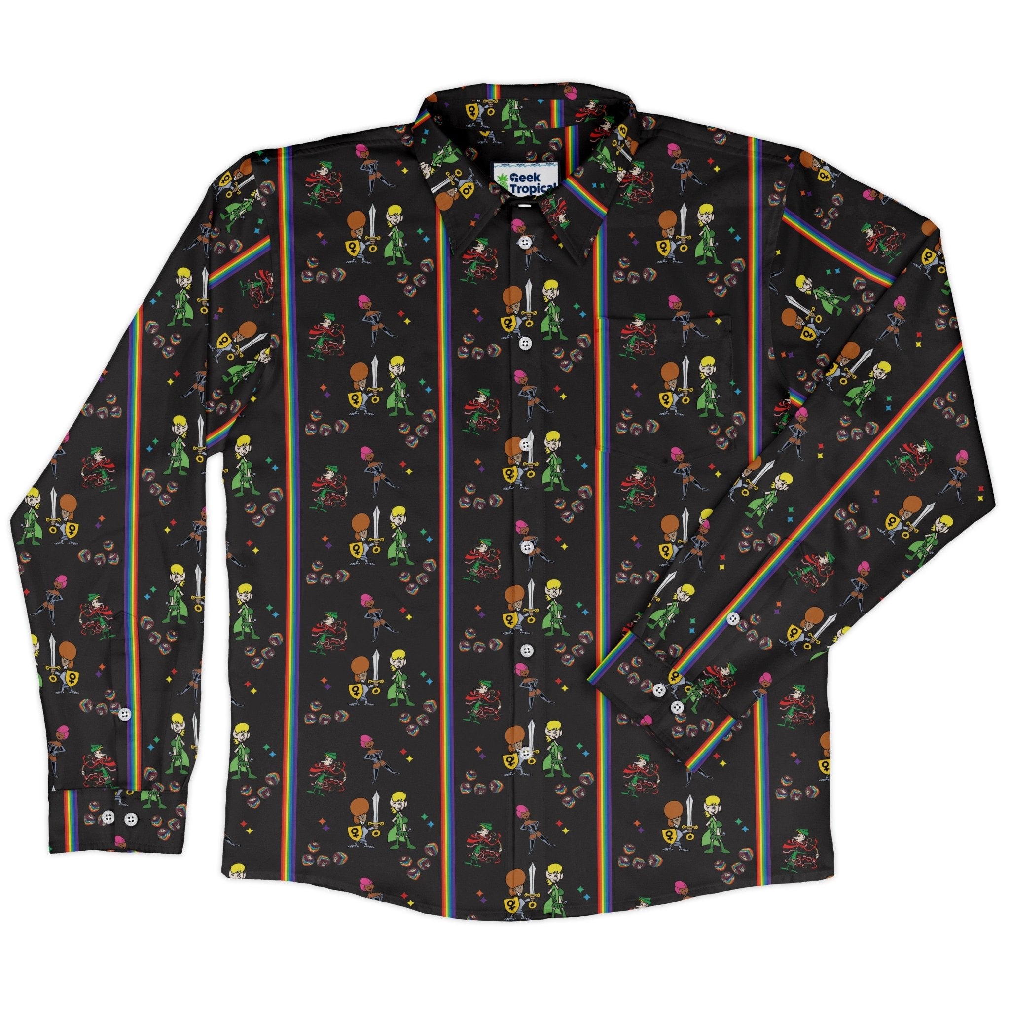 Munchkin Pride Long Sleeve Button Up Shirt Geek Nerd board game print Design by Heather Davenport FLOW DESC WRITING