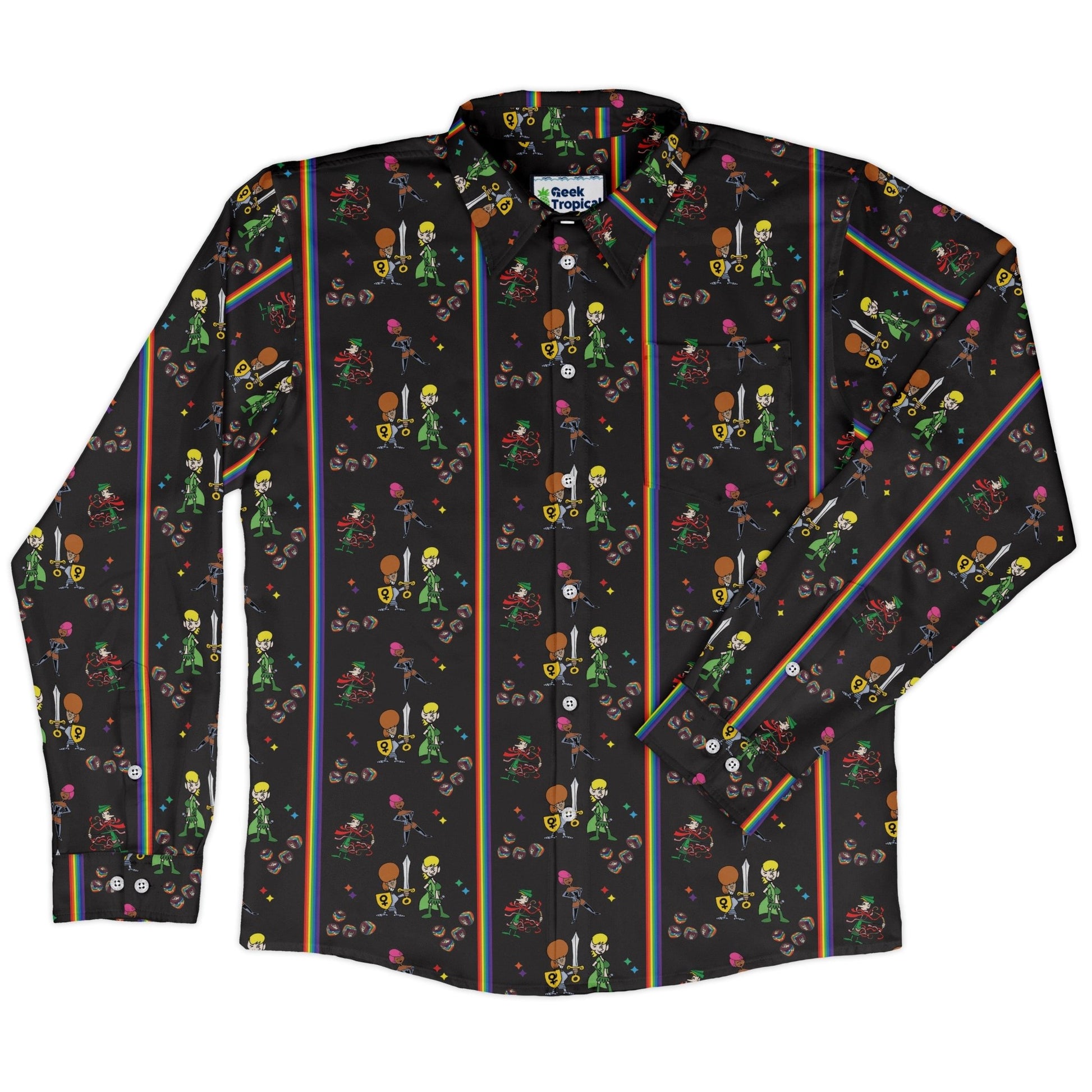 Munchkin Pride Long Sleeve Button Up Shirt Geek Nerd board game print Design by Heather Davenport FLOW DESC WRITING