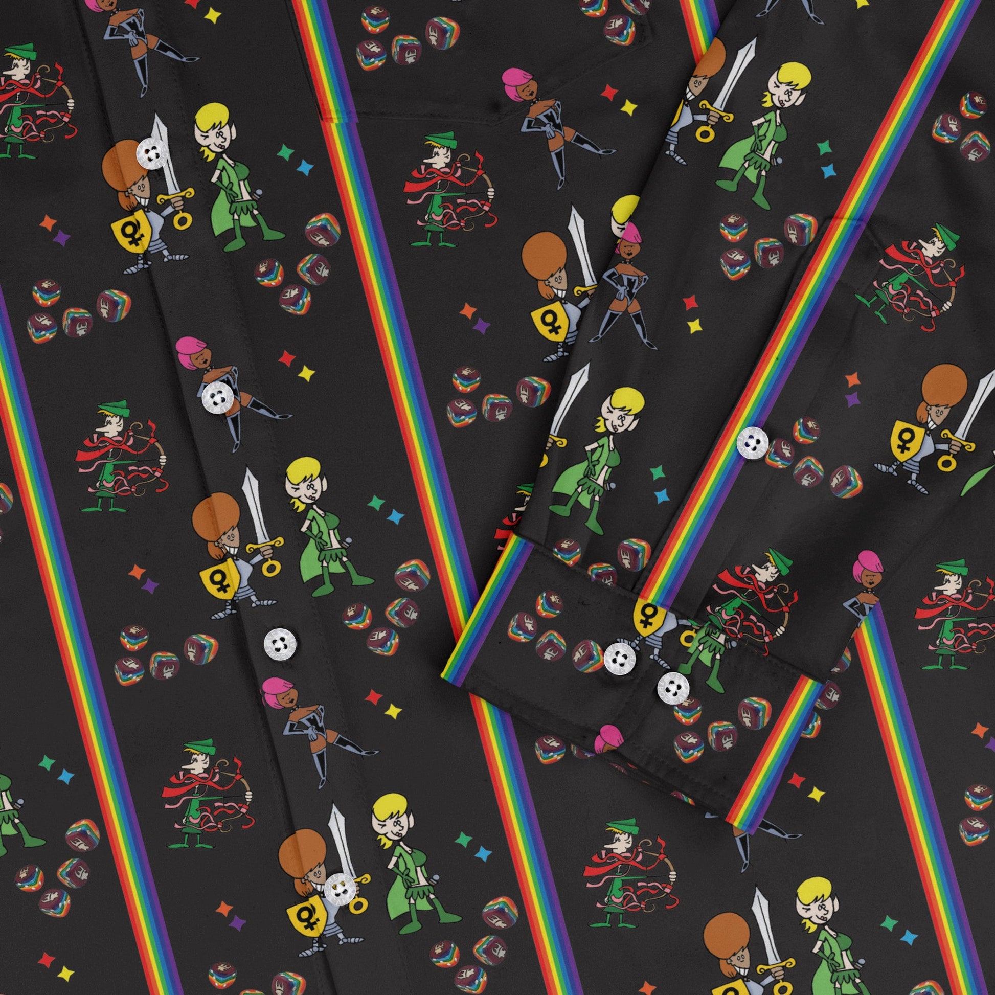 Munchkin Pride Long Sleeve Button Up Shirt Geek Nerd board game print Design by Heather Davenport FLOW DESC WRITING