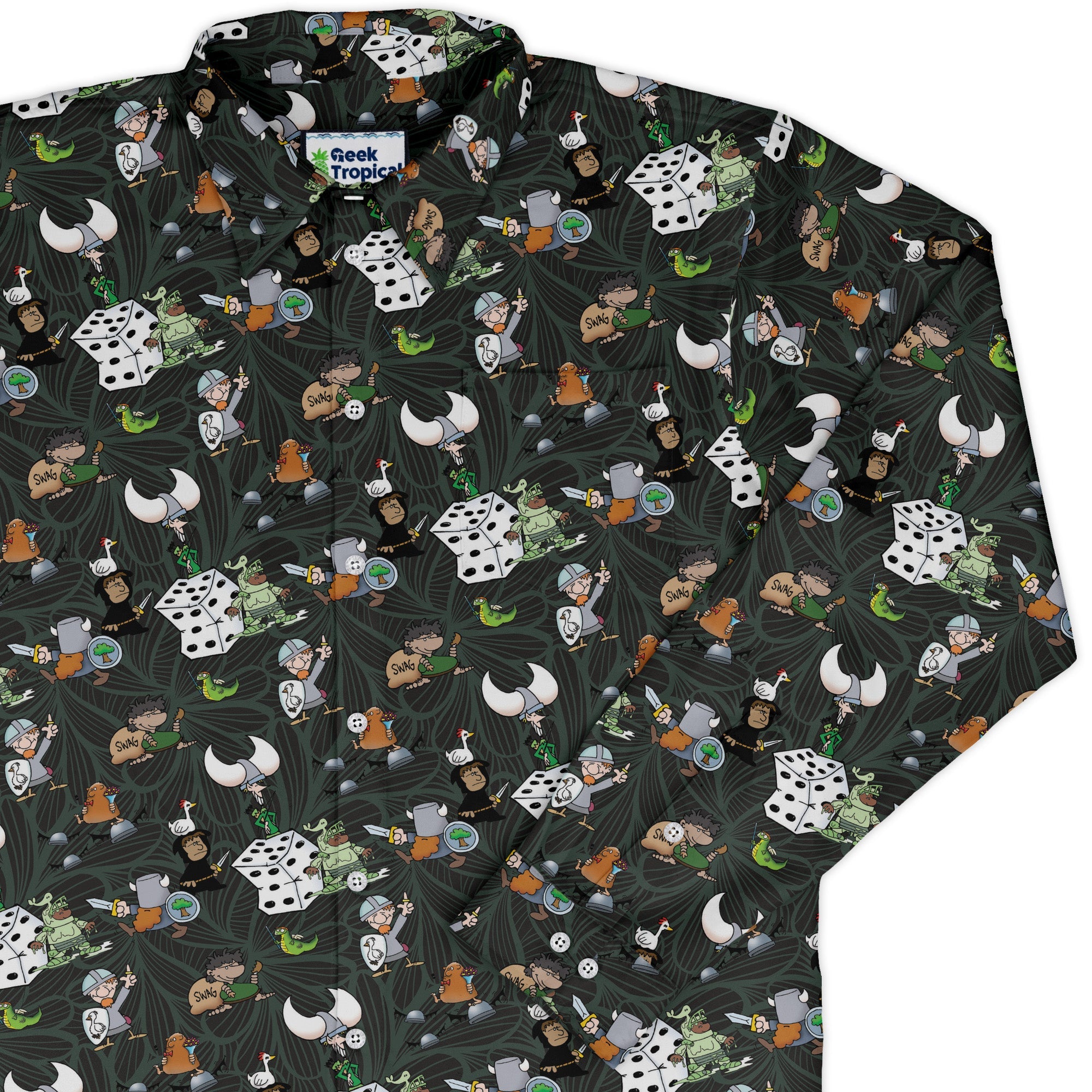 Munchkin Quirky Treasures Long Sleeve Button Up Shirt Geek Nerd board game print Design by Dunking Toast FLOW DESC WRITING